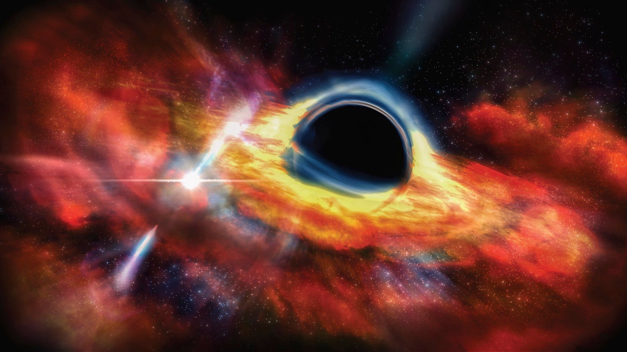 Depiction of a gamma ray burst originating from an AGN disk.