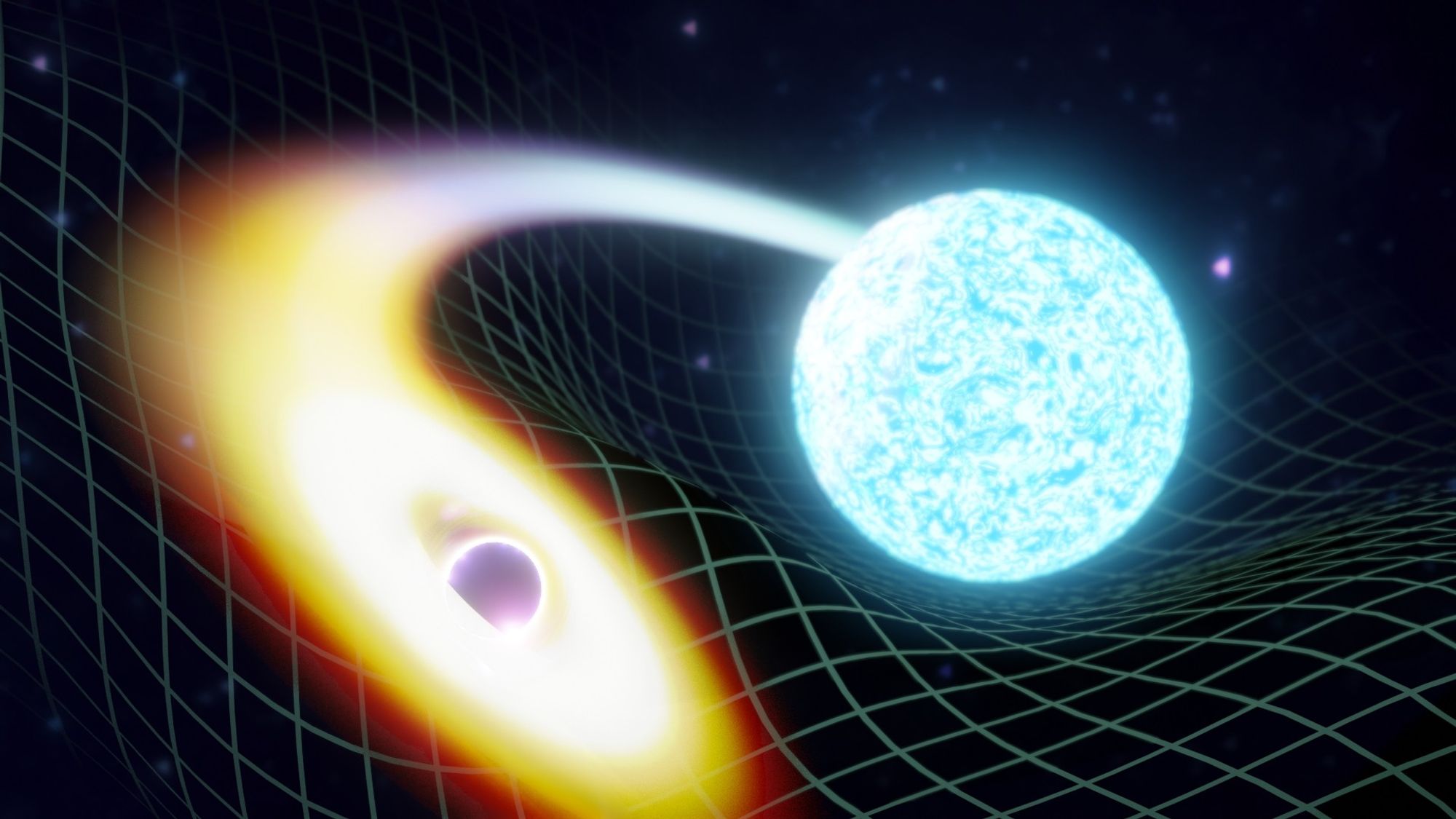 A depiction of a pre-merger neutron star and black hole binary created for a LIGO/Virgo/KAGRS+ press release.