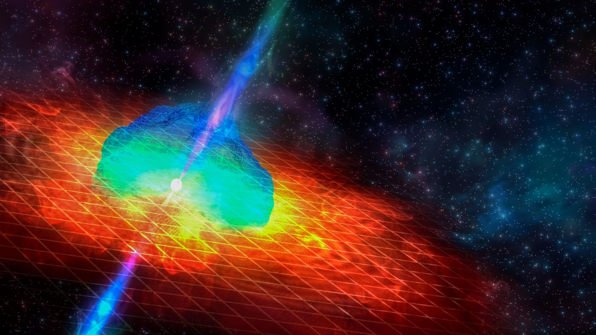 A visualisation of the post-merger aftermath of a compact binary merger. Shown are the red and blue kilonovae components and the emittef short duration gamma ray burst.