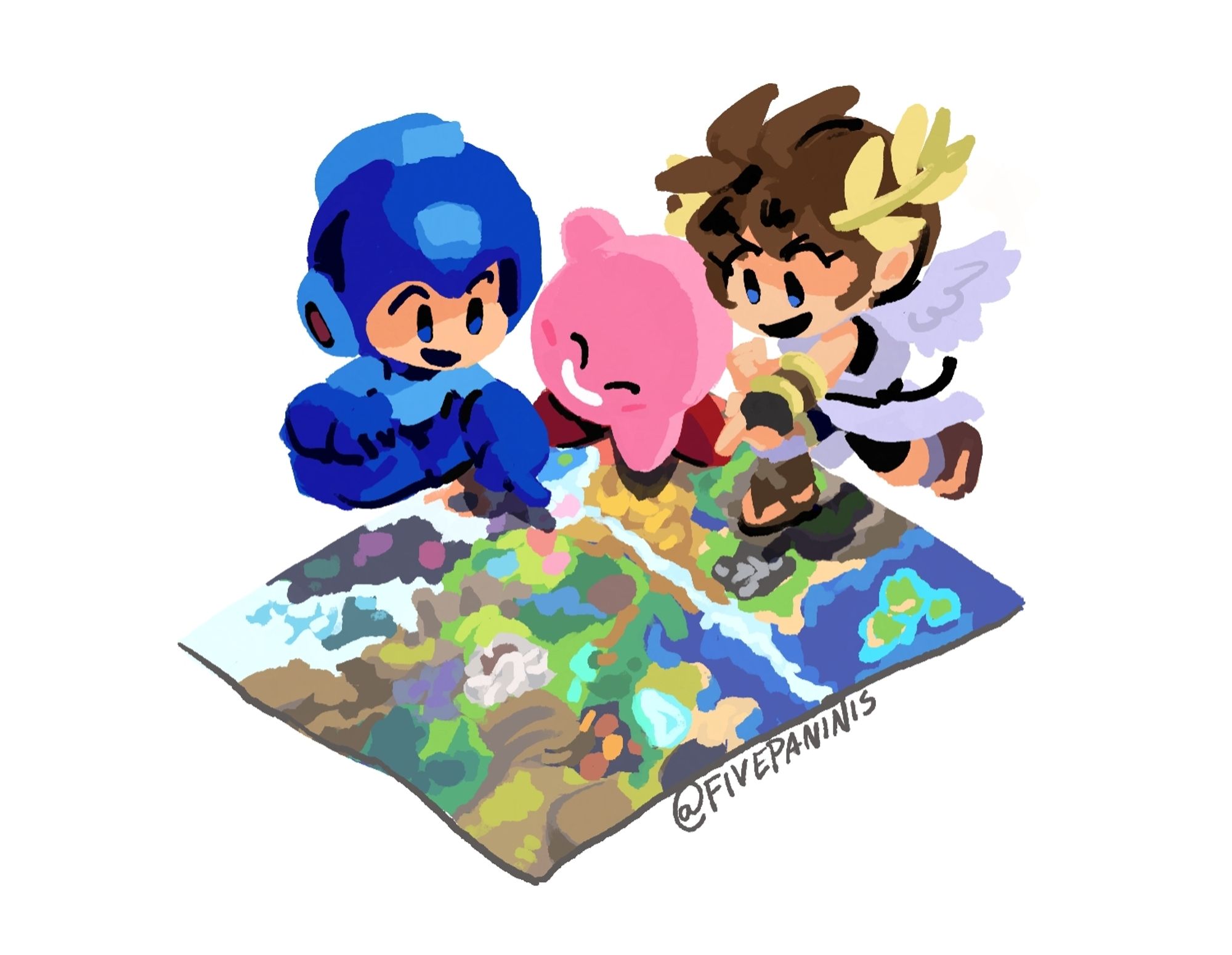 Megaman, Kirby, and Pit from Kid Icarus point to a section of a paper map. The map is of Super Smash Brothers Ultimate's World of Light from the solo campaign.