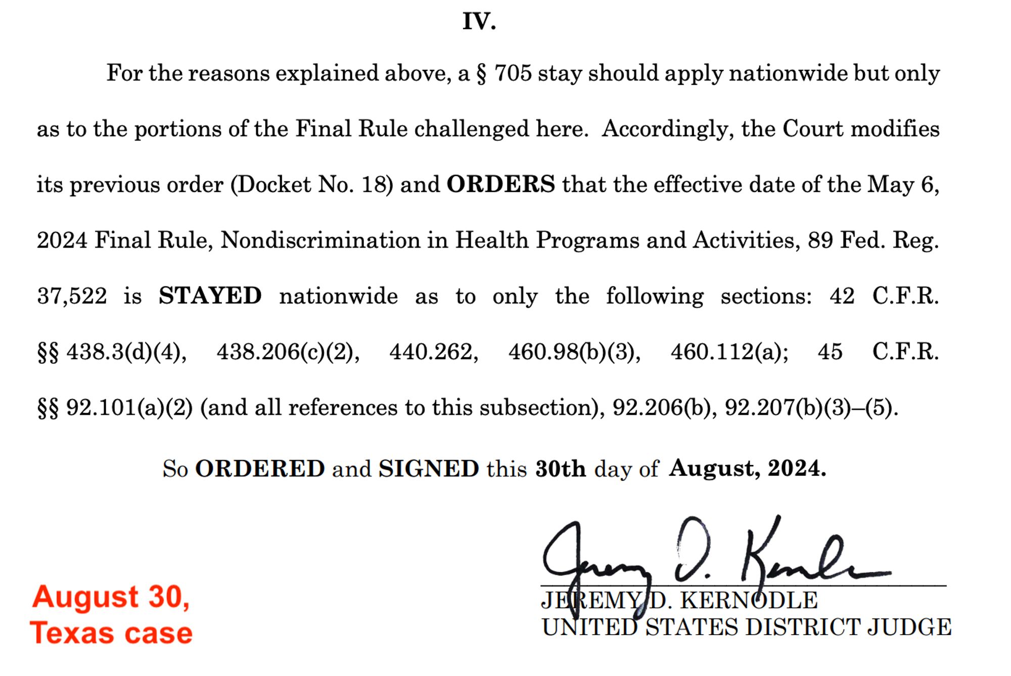 IV.
For the reasons explained above, a § 705 stay should apply nationwide but only as to the portions of the Final Rule challenged here. Accordingly, the Court modifies
its previous order (Docket No. 18) and ORDERS that the effective date of the May 6,
2024 Final Rule, Nondiscrimination in Health Programs and Activities, 89 Fed. Reg.
37,522 is STAYED nationwide as to only the following sections: 42 C.F.R.
§$ 438.3(d)(4), 438.206(c)(2), 440.262, 460.98(b)(3), 460.112(a); 45 C.F.R.
§§ 92.101(a)(2) (and all references to this subsection), 92.206(b), 92.207(b)(3)-(5).
So ORDERED and SIGNED this 30th day of August, 2024.
Cerem
D. Kenha
JEREMY D. KERNODLE
UNITED STATES DISTRICT JUDGE