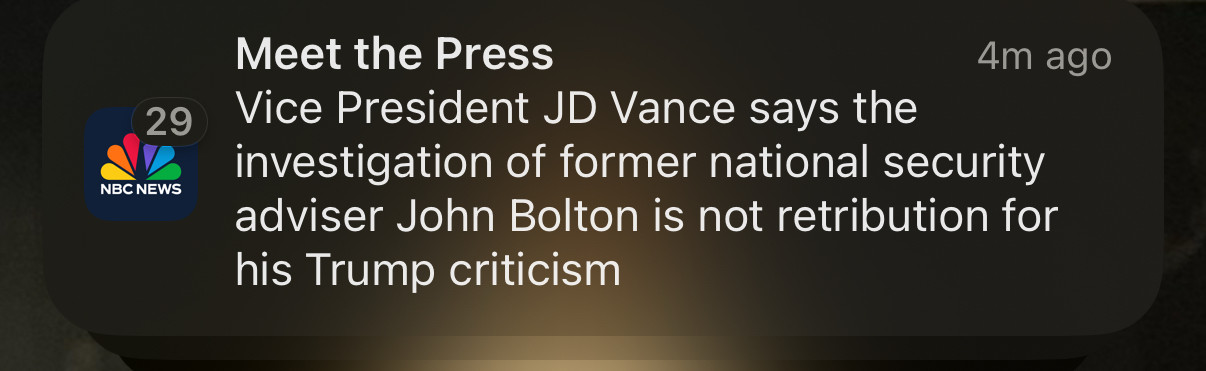 Meet the Press
4m ago
Vice President JD Vance says the investigation of former national security adviser John Bolton is not retribution for his Trump criticism