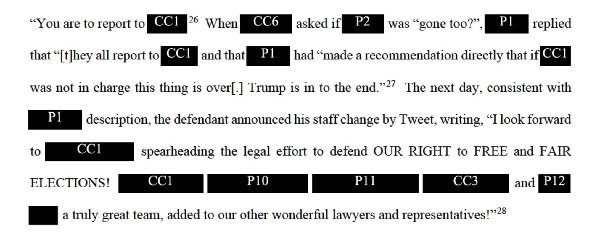 "You are to report to
CC1 26 When
СС6
asked if
P2
was "gone too?"
P1
replied
that "[t]hey all report to CCl and that
P1
had "made a recommendation directly that if CCl
was not in charge this thing is over[.] Trump is in to the end."2 The next day, consistent with
P1
description, the defendant announced his staff change by Tweet, writing, "I look forward
to
CC1
spearheading the legal effort to defend OUR RIGHT to FREE and FAIR
ELECTIONS!
CC1
P10
P11
CC3
and P12
a truly great team, added to our other wonderful lawyers and representatives!"28