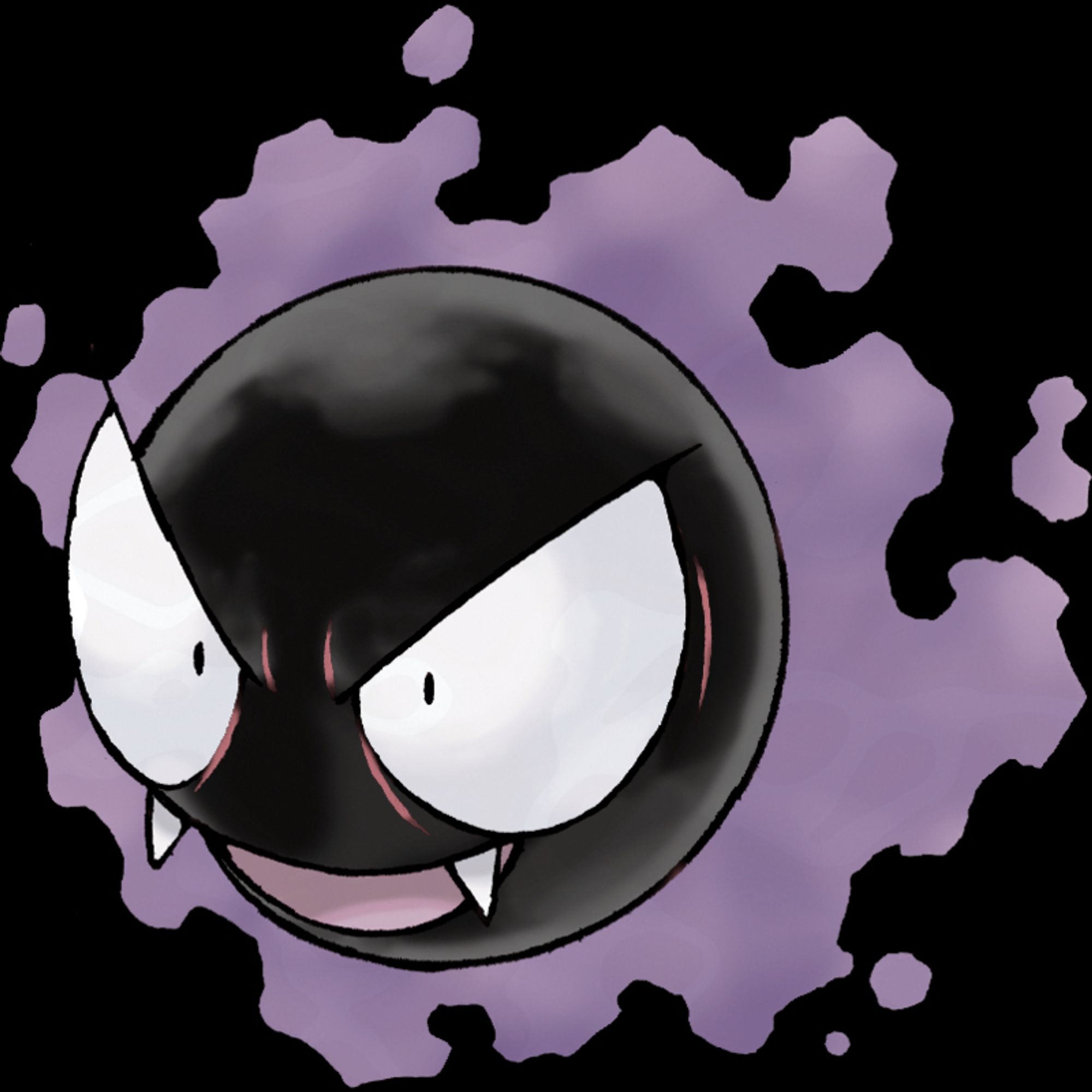 Round ghost Pokemon Ghastly. He is a smiling orb with a corona of purple flames.