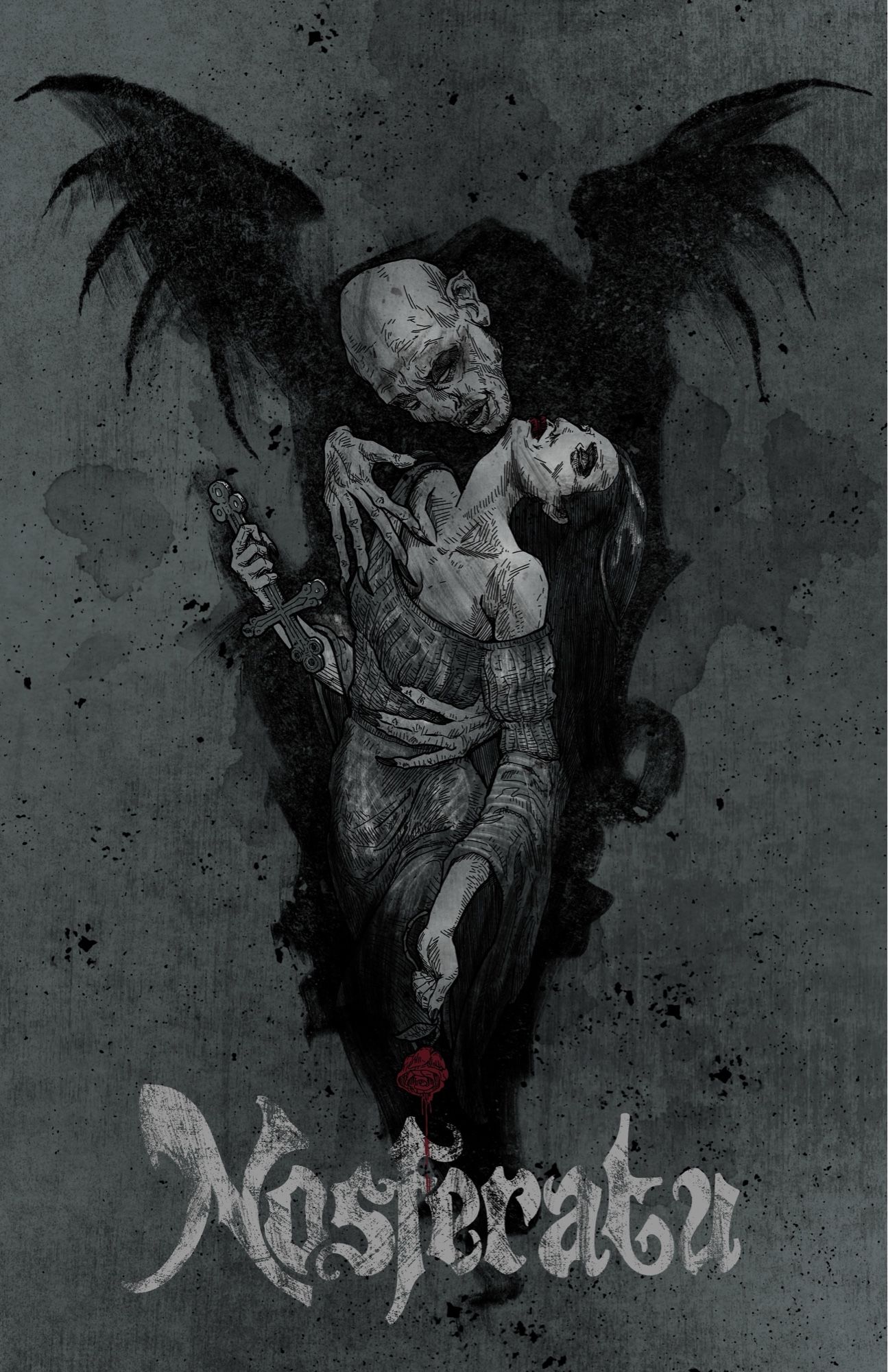 A stylized drawing of a bald vampire cradling the fainting figure of a pale woman in a nightgown with long dark hair b in one hand she holds a cross and in the other a red rose. She and the vampire are enclosed in a nebulous black shape that curls up into bat wings. Fancy hand lettering at the bottom reads: Nosferatu