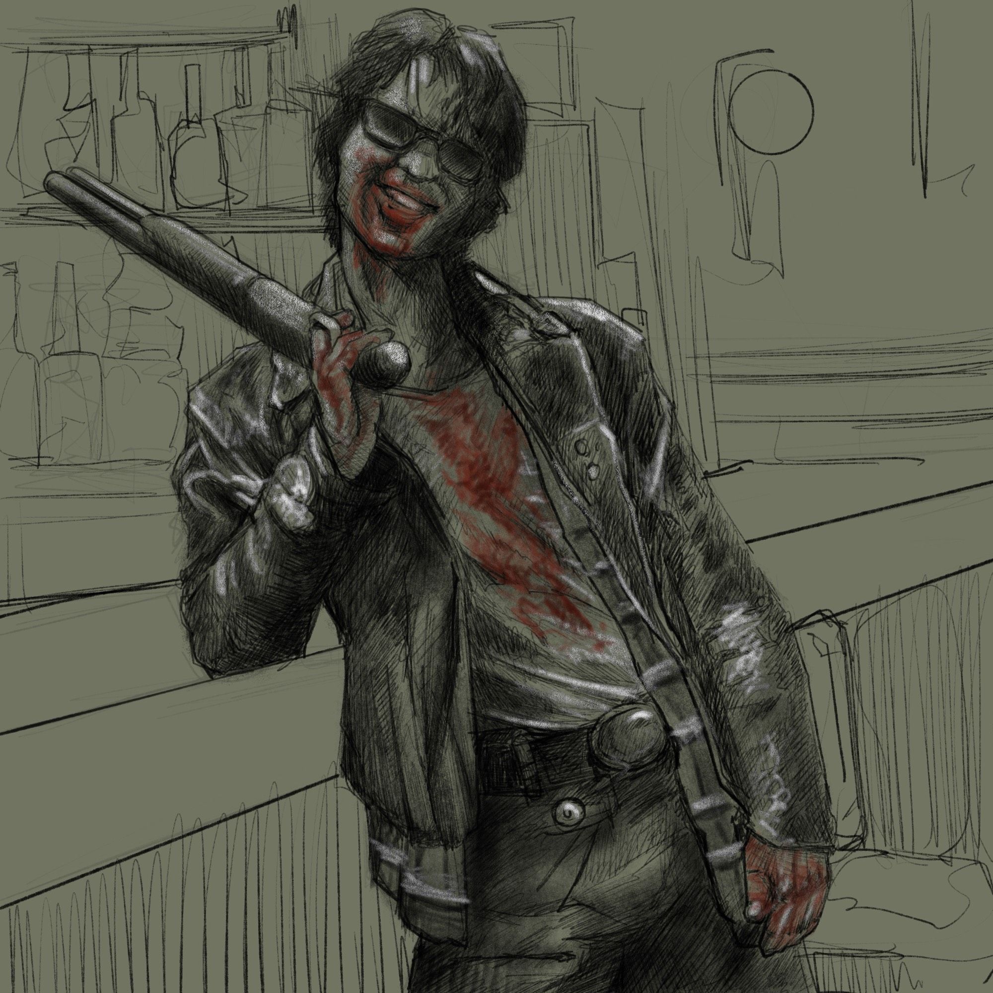 Digital sketch of Bill Paxton as the very crazy and dangerous vampire Severen. He’s wearing jeans and a white t-shirt, a flannel, a motorcycle jacket, and sunglasses. He’s holding a sawed-off double-barrel shotgun and leaning against a bar smiling at the camera. His mouth, hands, and shirt are smeared with fresh blood. Drawn in black on a grayish-green background with some white highlights and red blood.