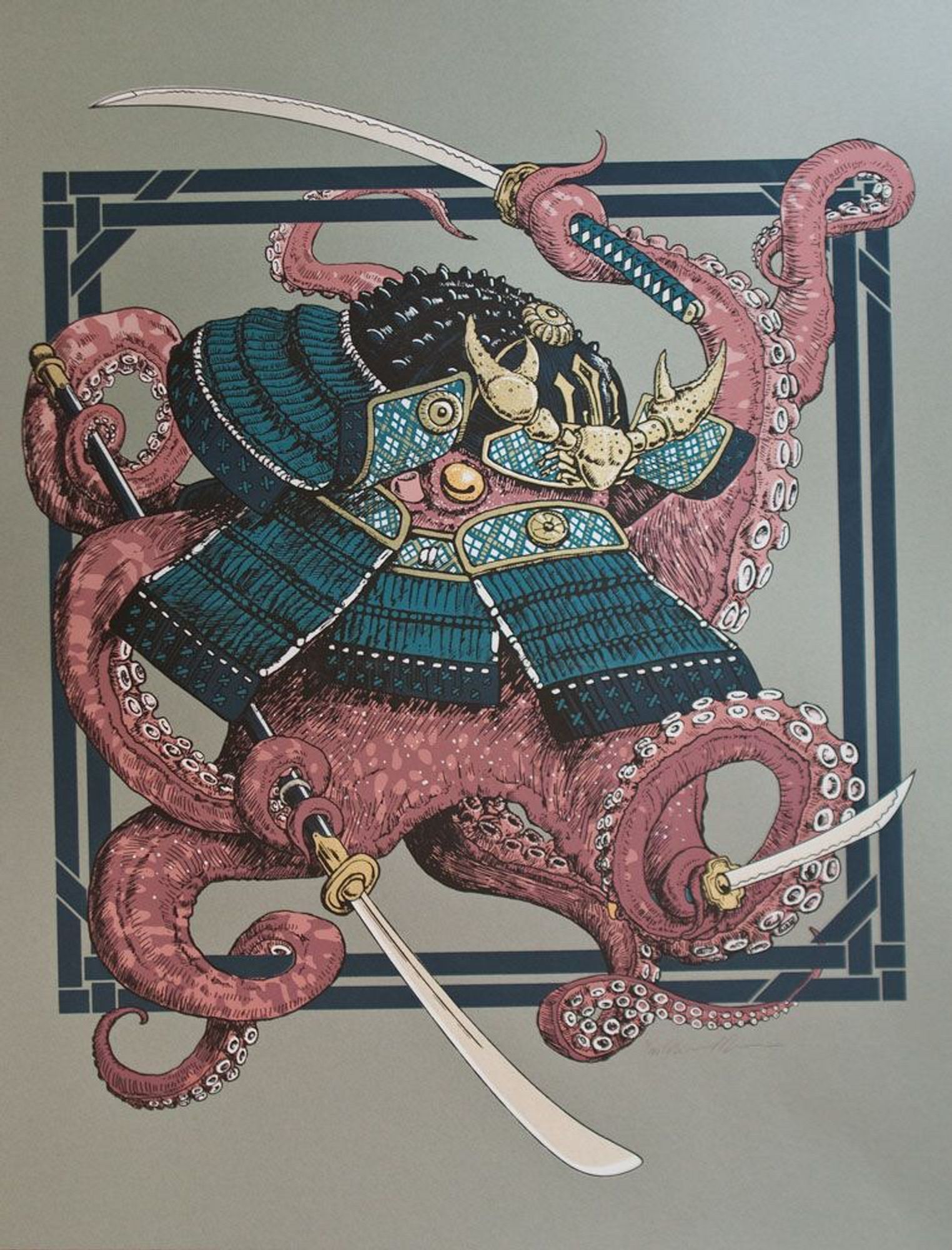 Octopus Samurai: A screenprint of a pink-ish octopus wearing blue-green Japanese samurai armor and a helmet with a gold crab-shaped crest on the front. The octopus holds a katana in one arm, a wakizashi in another, and a naginata with two other arms.