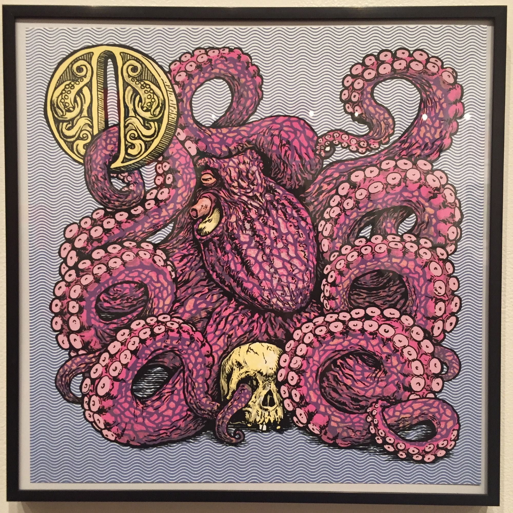 O is for Octopus: A screenprint done for a show of alphabet illustrations. A pink-purple octopus posed with its arms all curling around every which way, holding a gold letter 'O' inscribed with a tentacle design. At the bottom there's a human skull nestled within the arms.