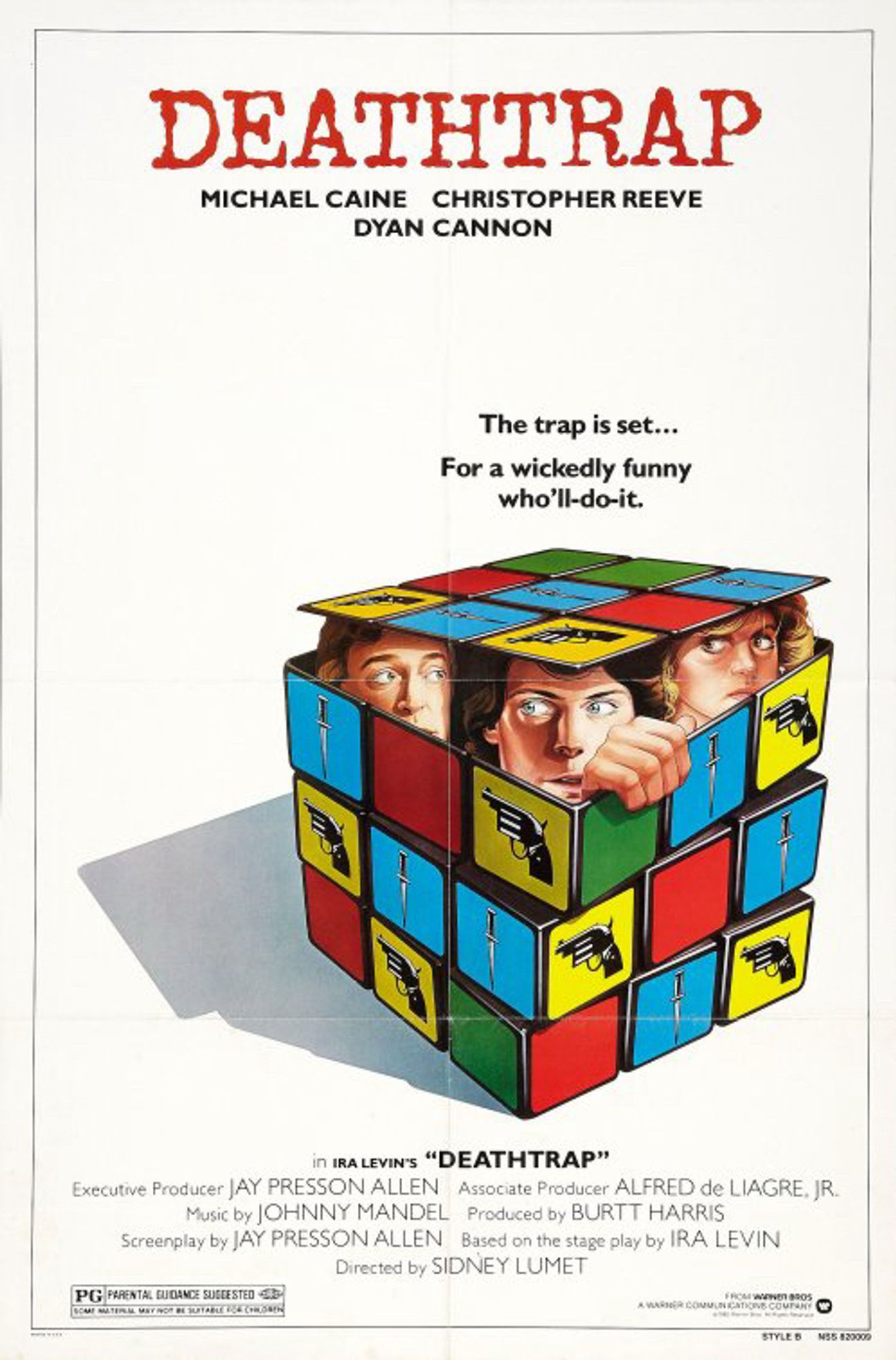 Poster for Deathtrap (1982). Michael Caine, Christopher Reeve, and Dyan Cannon are peeking out from inside a Rubik’s Cube that has images of weapons on the colored squares.