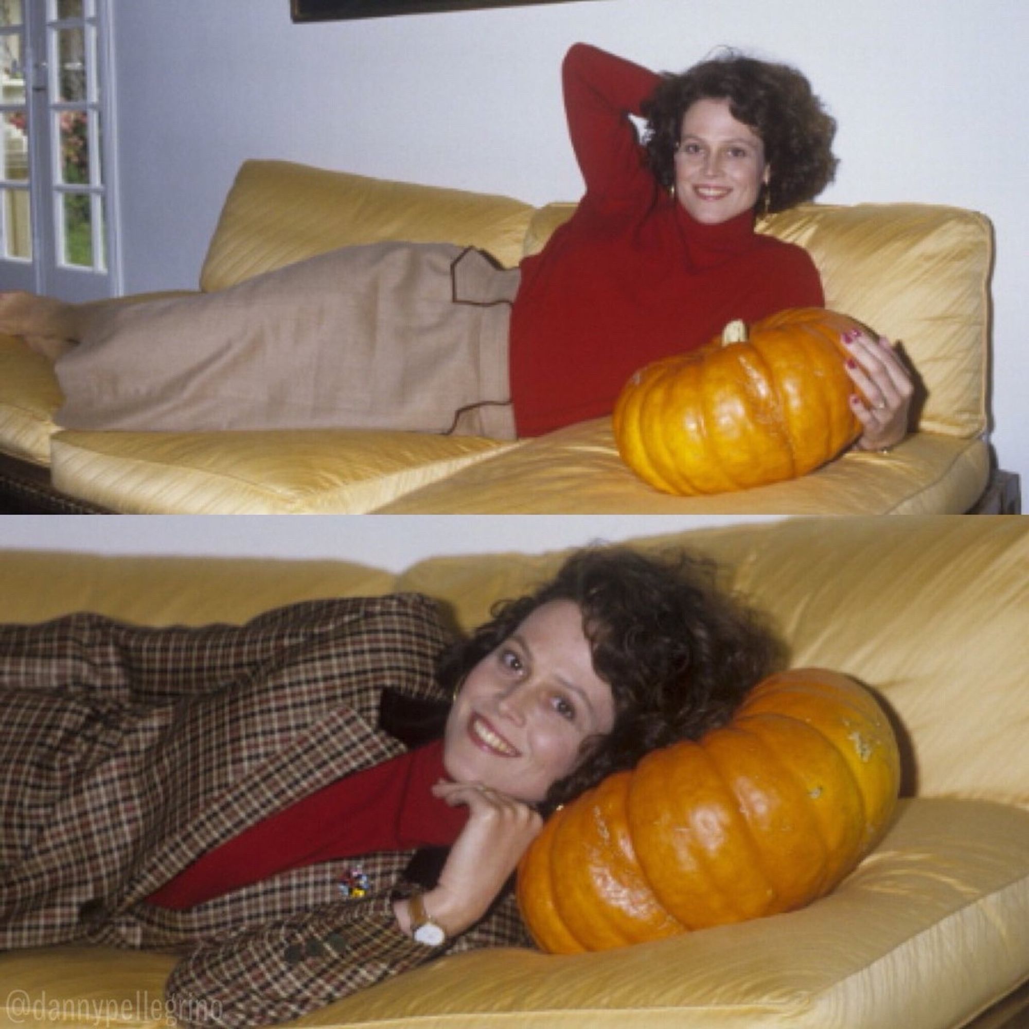 Two photos of Sigourney Weaver wearing a skirt, tweed jacket and red turtleneck reclining on a sofa with a pumpkin