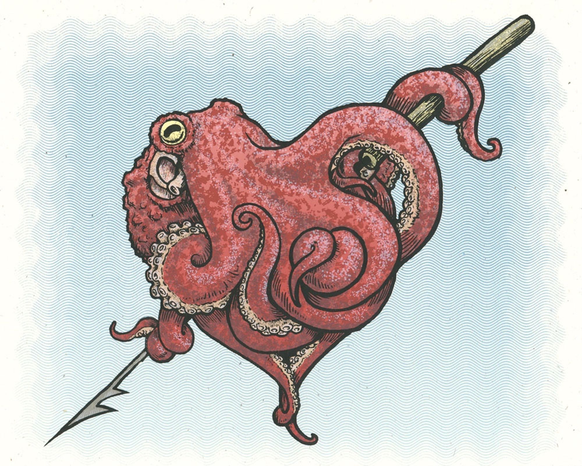 CephaLovePod: A screenprint of a red octopus posing with its mantle and arms forming a valentine heart shape. It is wrapped around a harpoon in place of Cupid's arrow.