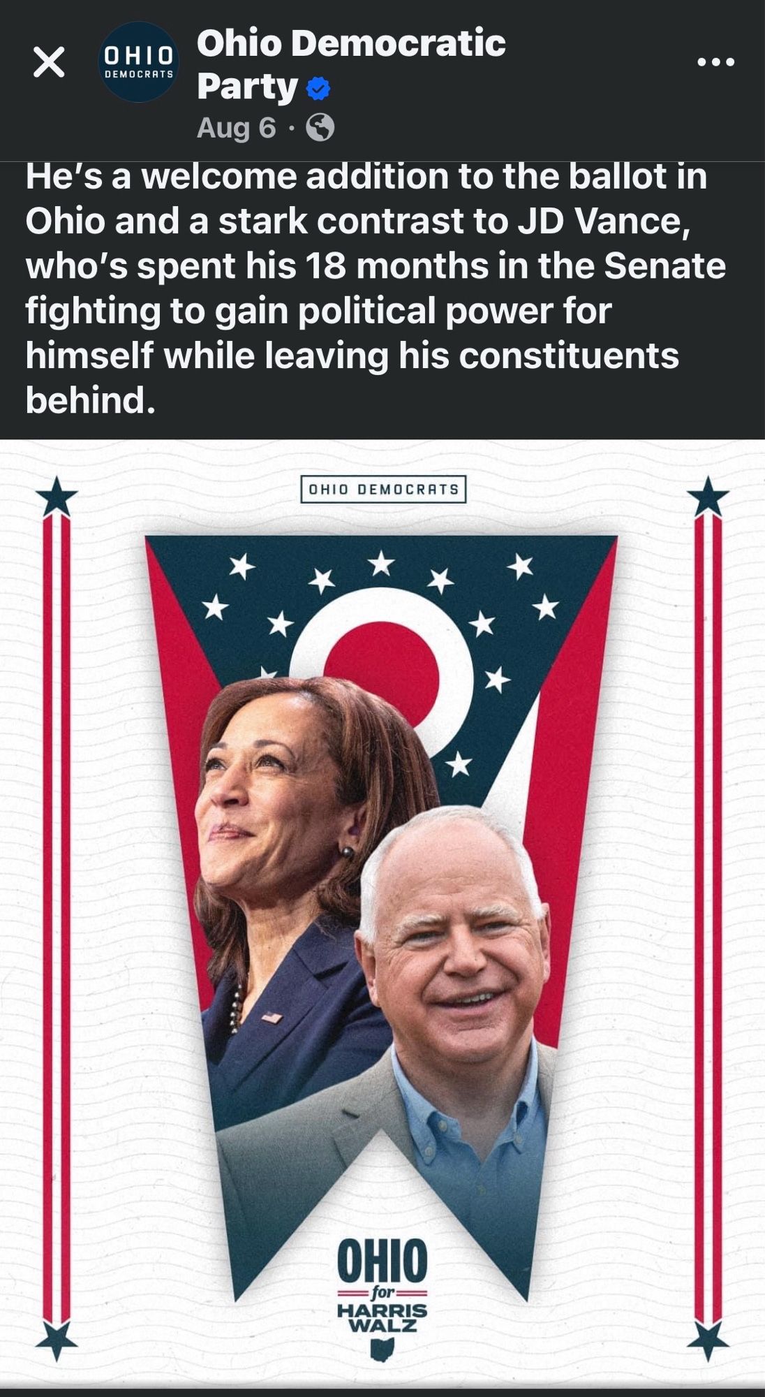 Ohio Democratic
X
OHIO DEMOCRATS
Party Aug 6 •
He's a welcome addition to the ballot in Ohio and a stark contrast to JD Vance, who's spent his 18 months in the Senate fighting to gain political power for himself while leaving his constituents behind.
OHIO DEMOCRATS
For
HARRIS WALZ