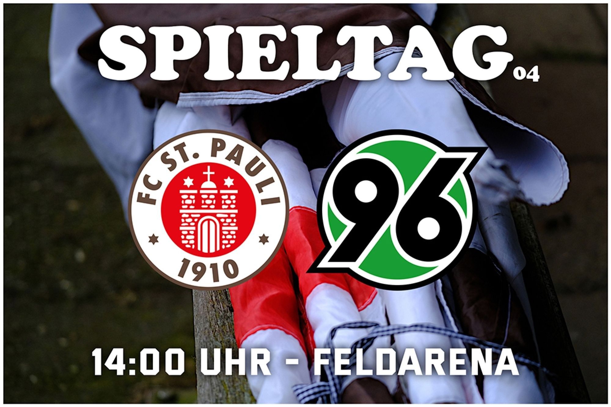 sharepic.

Oben gross Spieltag04 
mittig die Vereinswappen des fcsp und h96

unten 14 Uhr - Feldarena