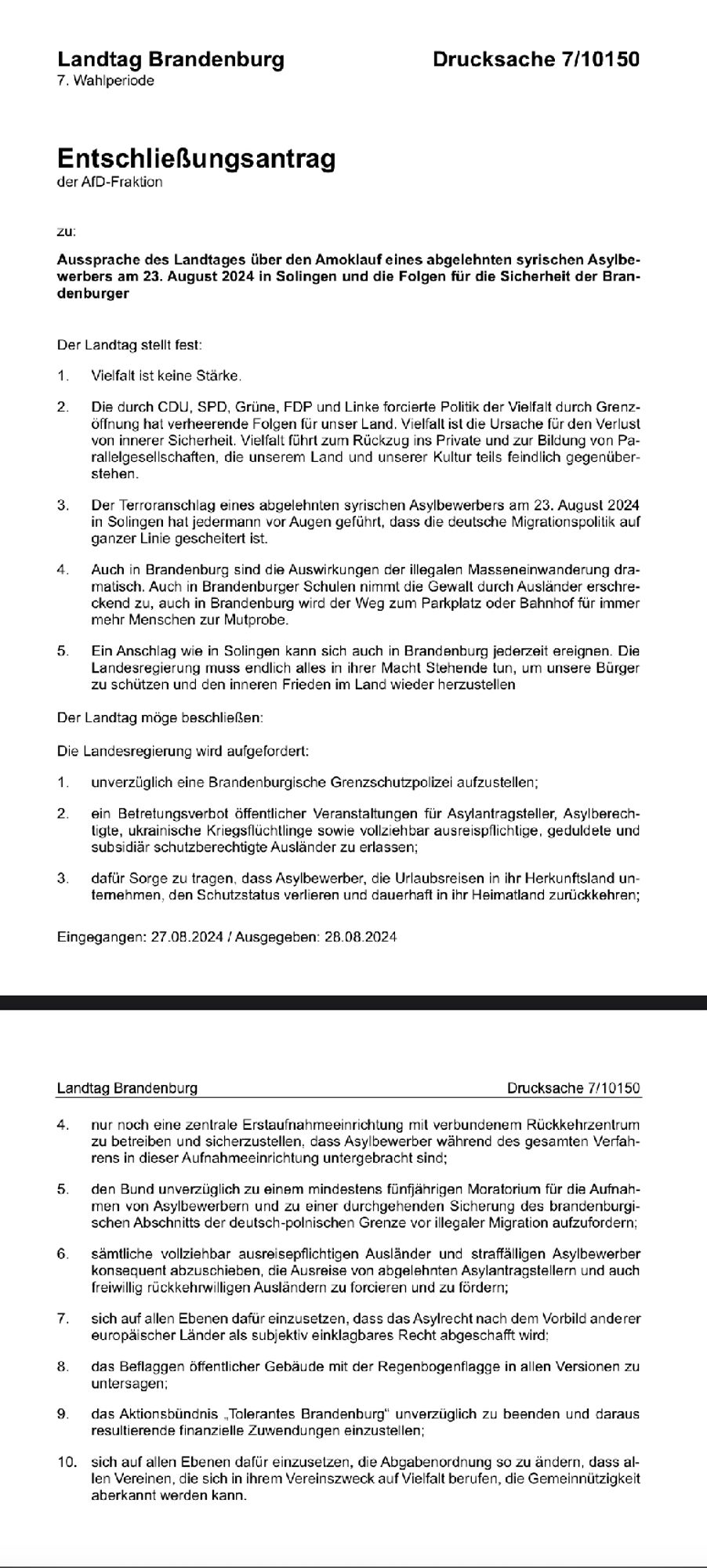 Entschließungsantrag der brandenburgischen AfD-Fraktion, LT-Drs. 7/10150, leider zu lang für den Alt-Text. Hier ist das Original-PDF: https://www.parlamentsdokumentation.brandenburg.de/starweb/LBB/ELVIS/parladoku/w7/drs/ab_10100/10150.pdf