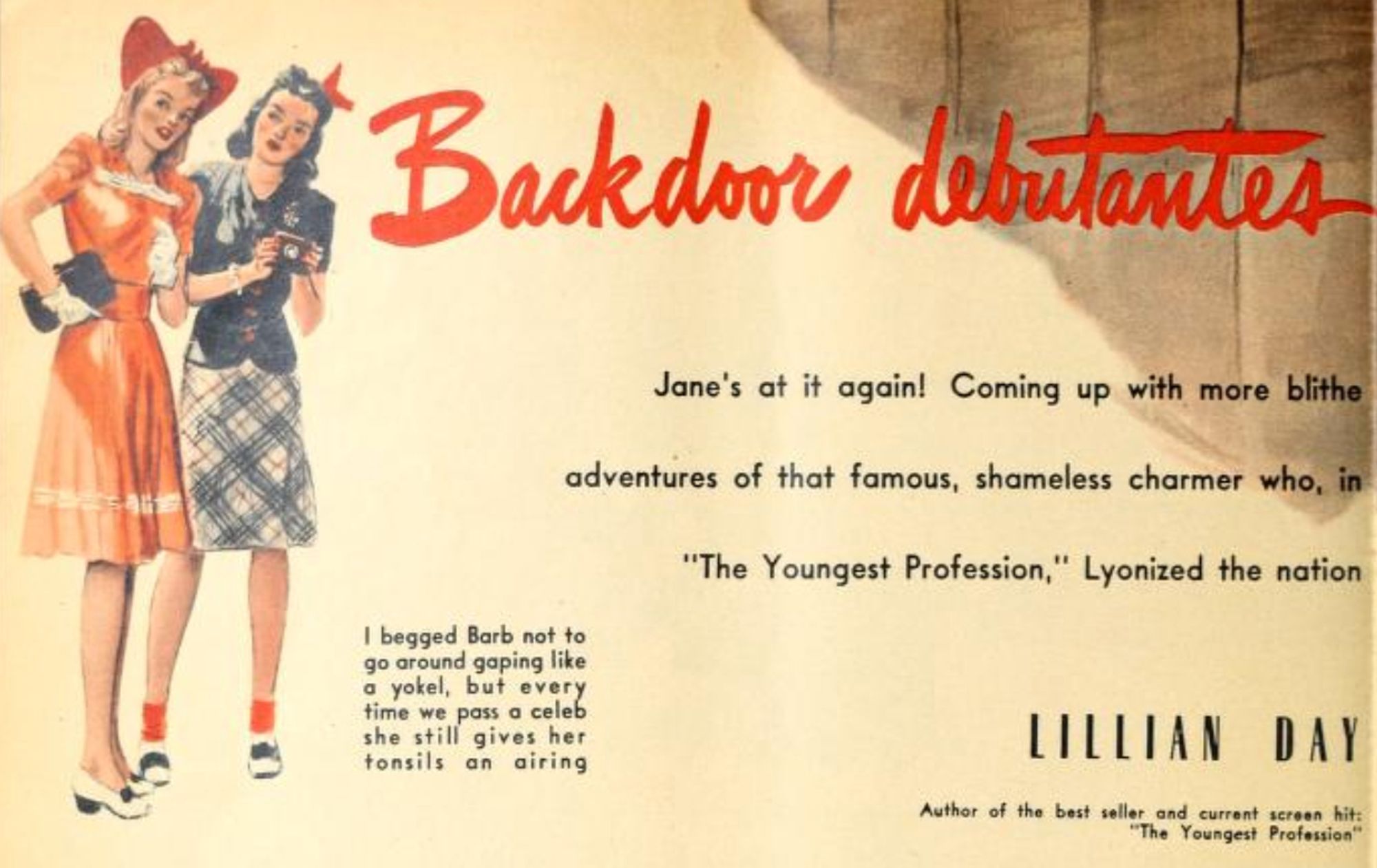 'Backdoor debutantes', the title of a PHOTOPLAY story. A painting of two young women, with caption 'I begged Barb not to go around gaping like a yokel, but every time we pass a celeb she still gives her tonsils an airing.'