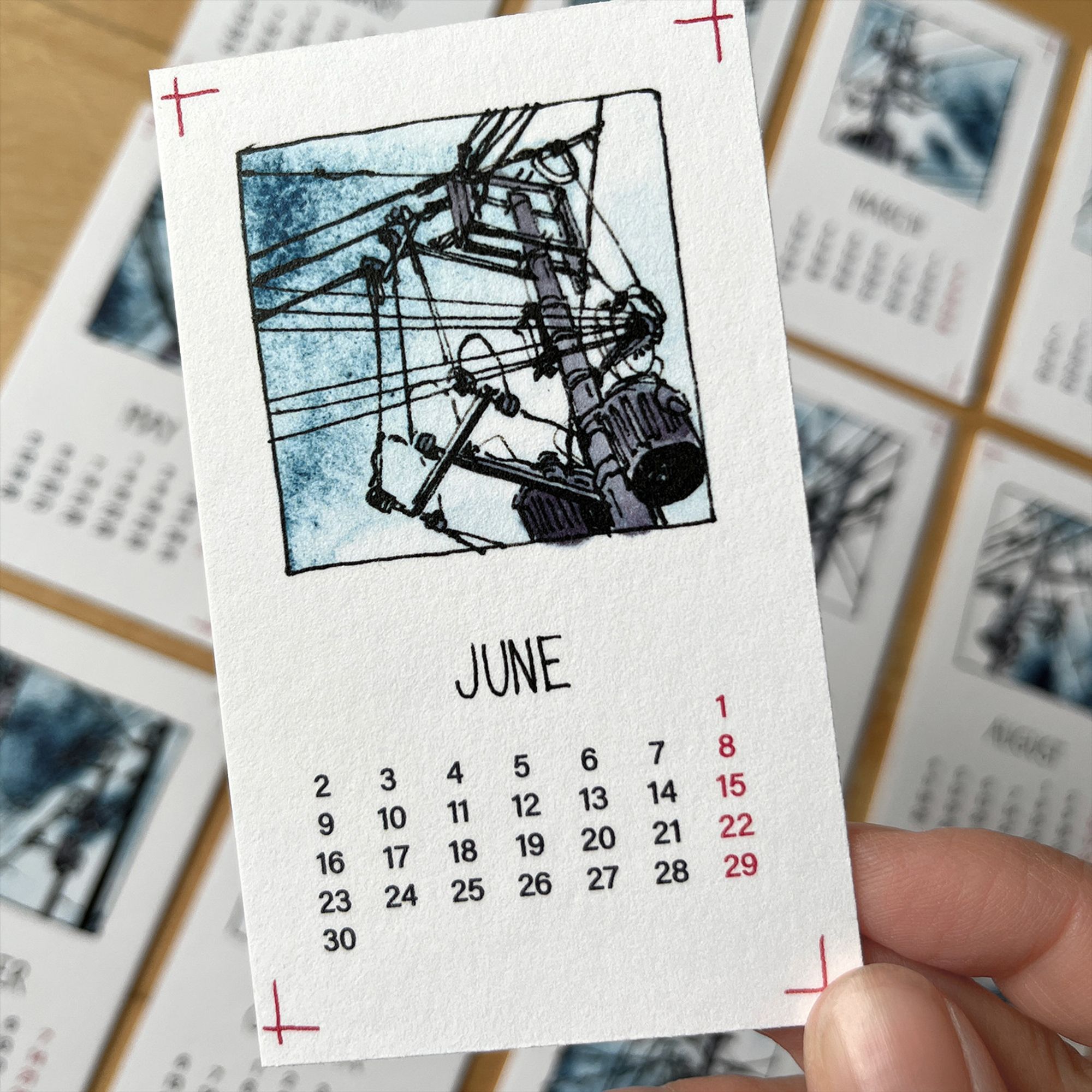 calendar sheet (June) on solid cardboard. Motive: UTILITY POLE!