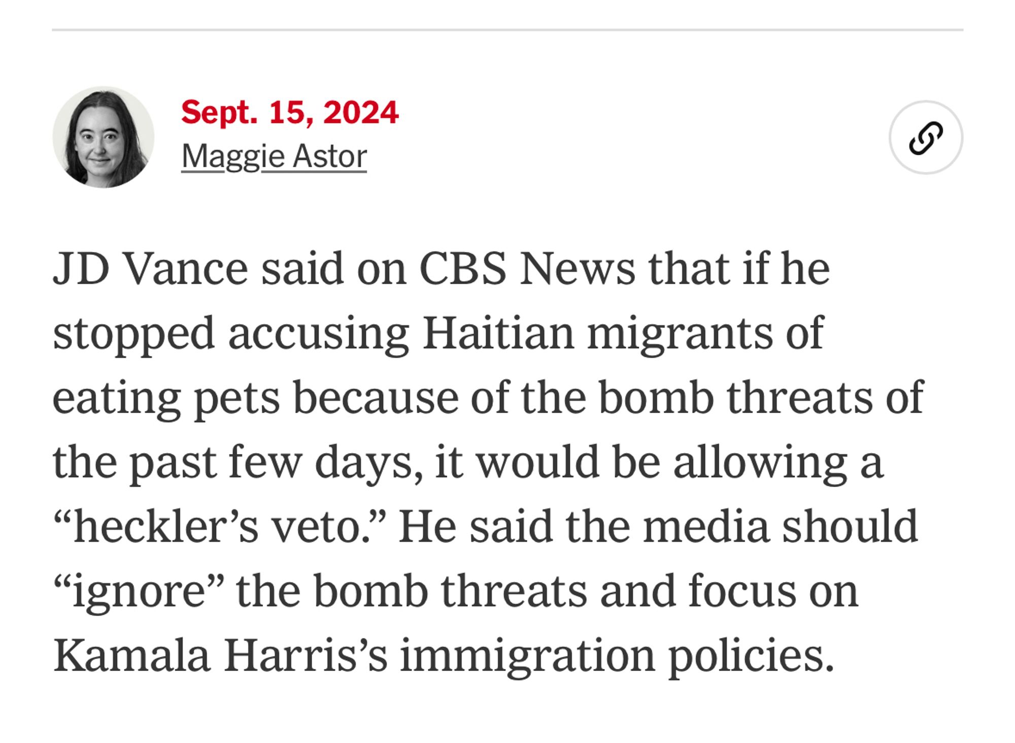 JD Vance said on CBS News that if he stopped accusing Haitian migrants of eating pets because of the bomb threats of the past few days, it would be allowing a “heckler’s veto.” He said the media should “ignore” the bomb threats and focus on Kamala Harris’s immigration policies.