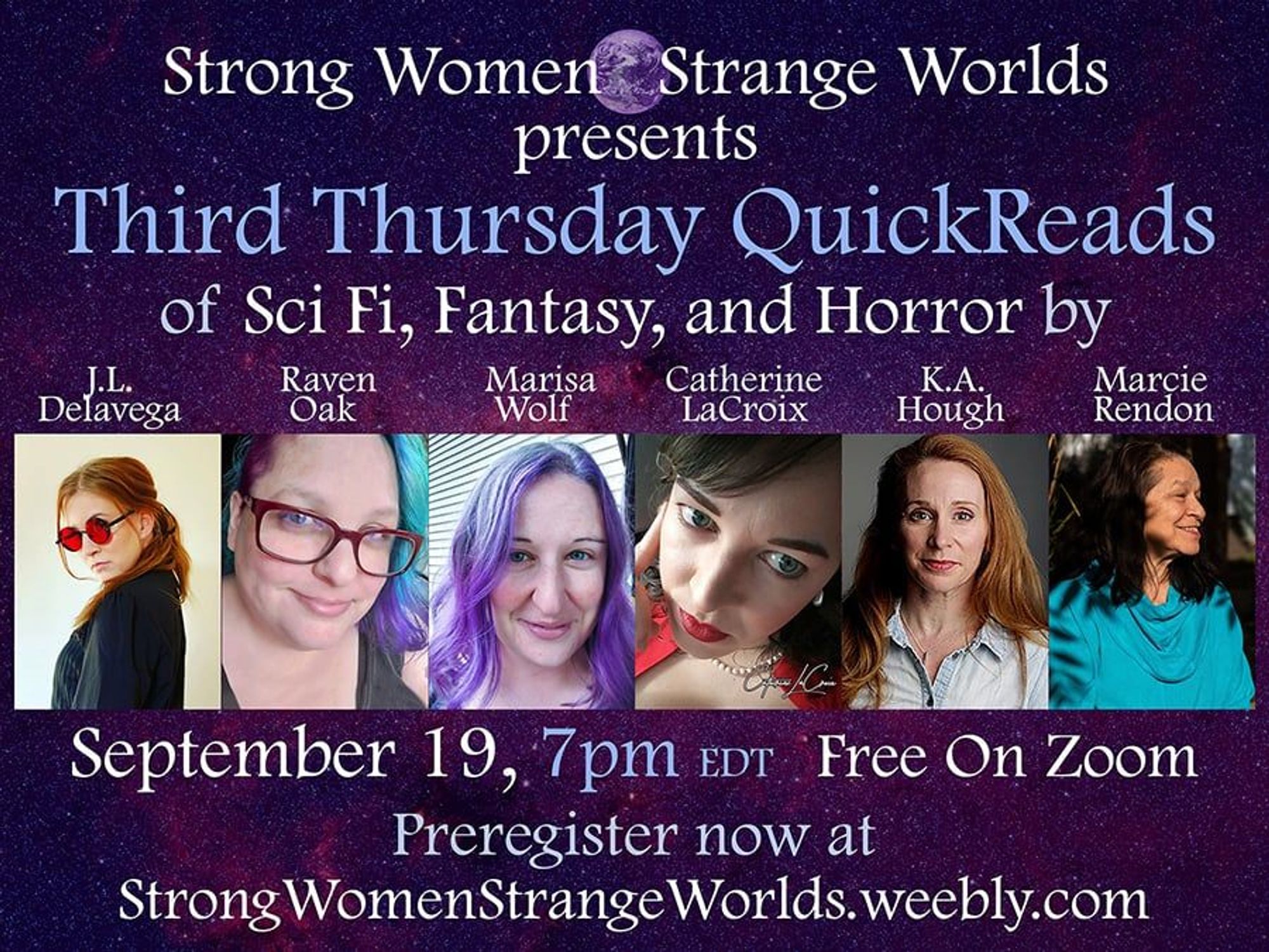 An advertisement for Strong Women Strange Worlds Thursday Quick Reads of SF/F/H on 9/19 at 7 PM EDT Free on Zoom, with 6 authors.