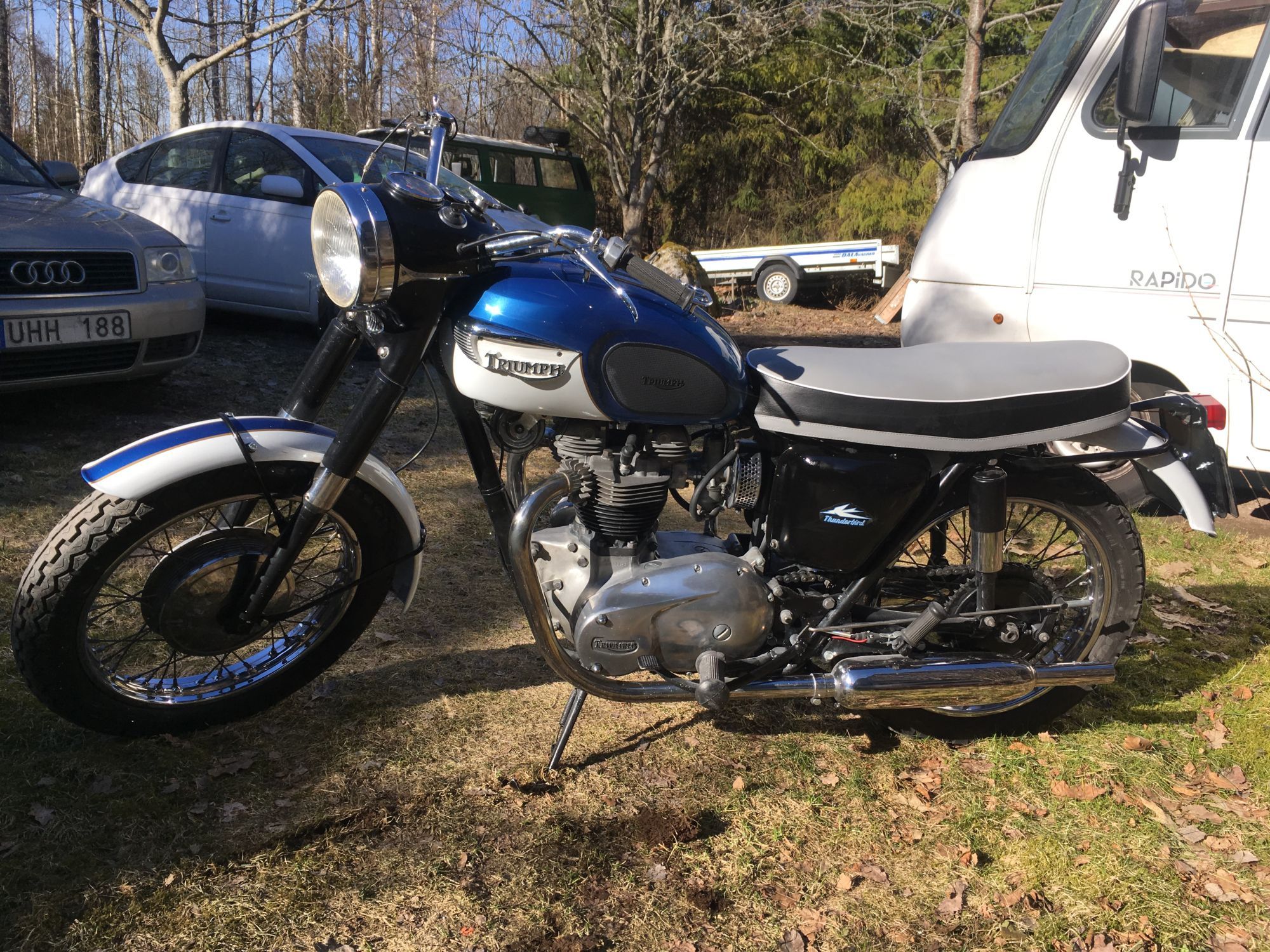 Left side view of a 1966 Triumph Thunderbird 650cc.