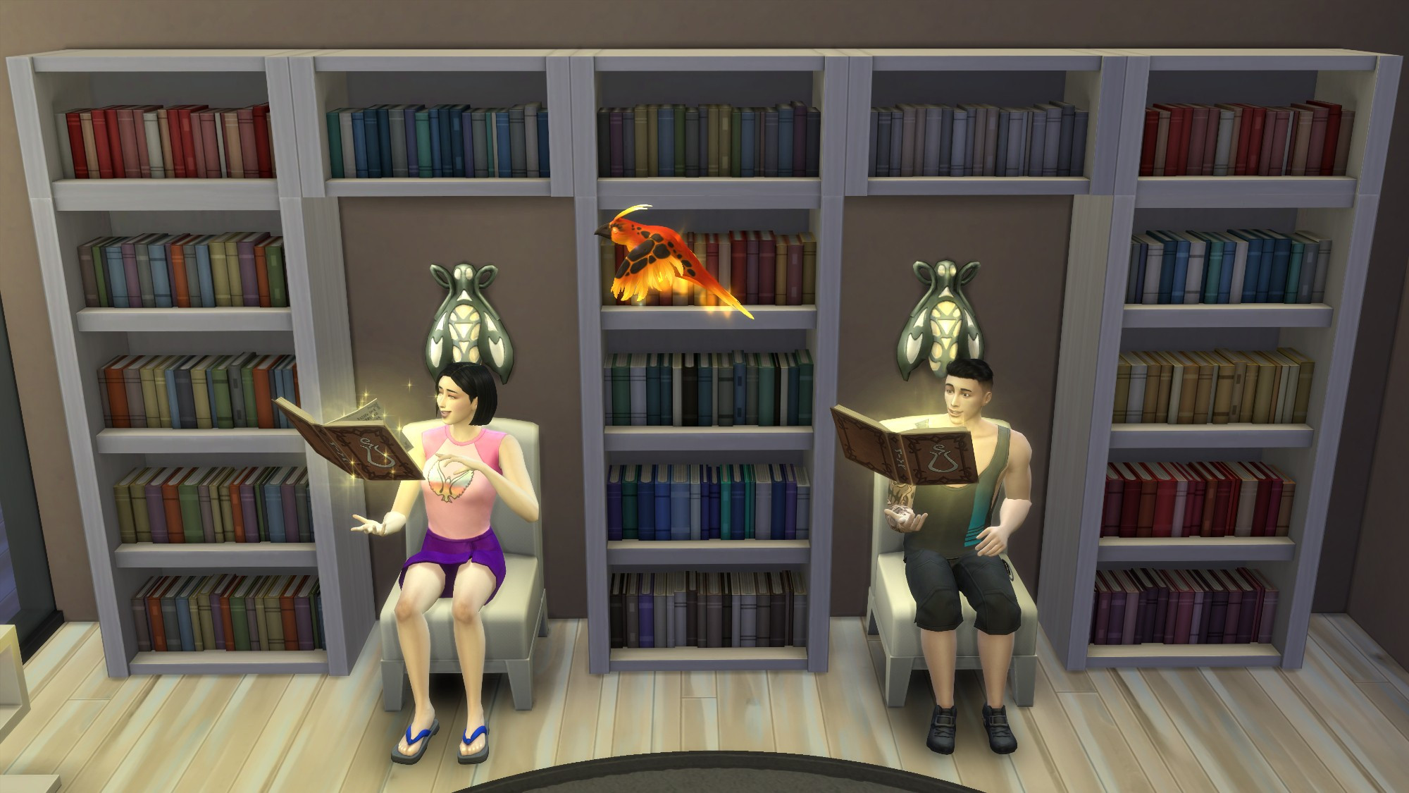 The twins continue their magical studies in one of the house's several book nooks.