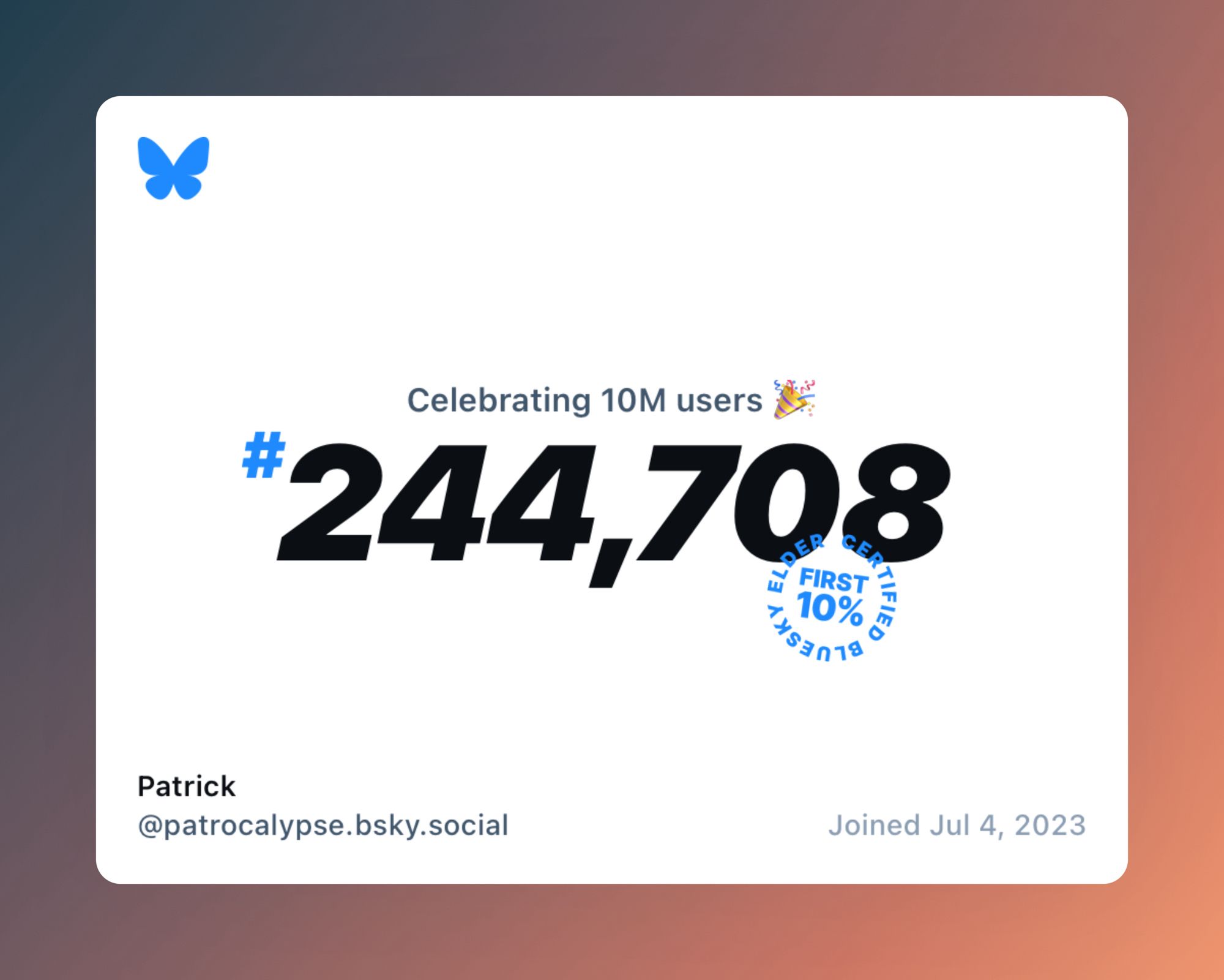 Message from Bluesky congratulating me for being User #244708 (first 10%, Elder certified??)