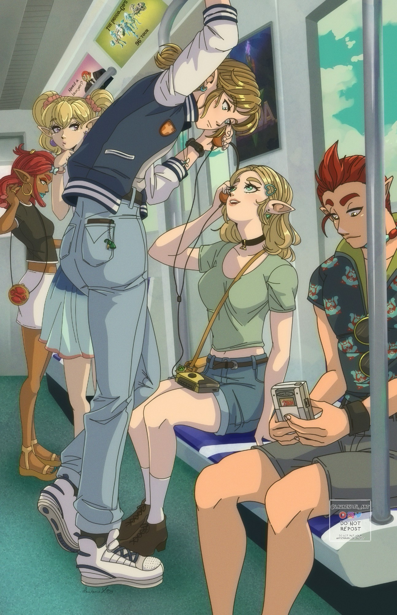 An illustration of Link on the train sharing headphones with Princess Zelda with a 90s aesthetic. In the background, Groose, Riju and Agitha are also on the train.