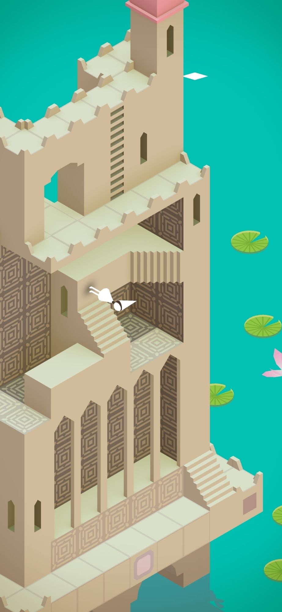 Captura de tela do jogo Monument Valley inspirado na geometria da arte de Escher com a personagem Ida em uma posição não convencional para as leis da física