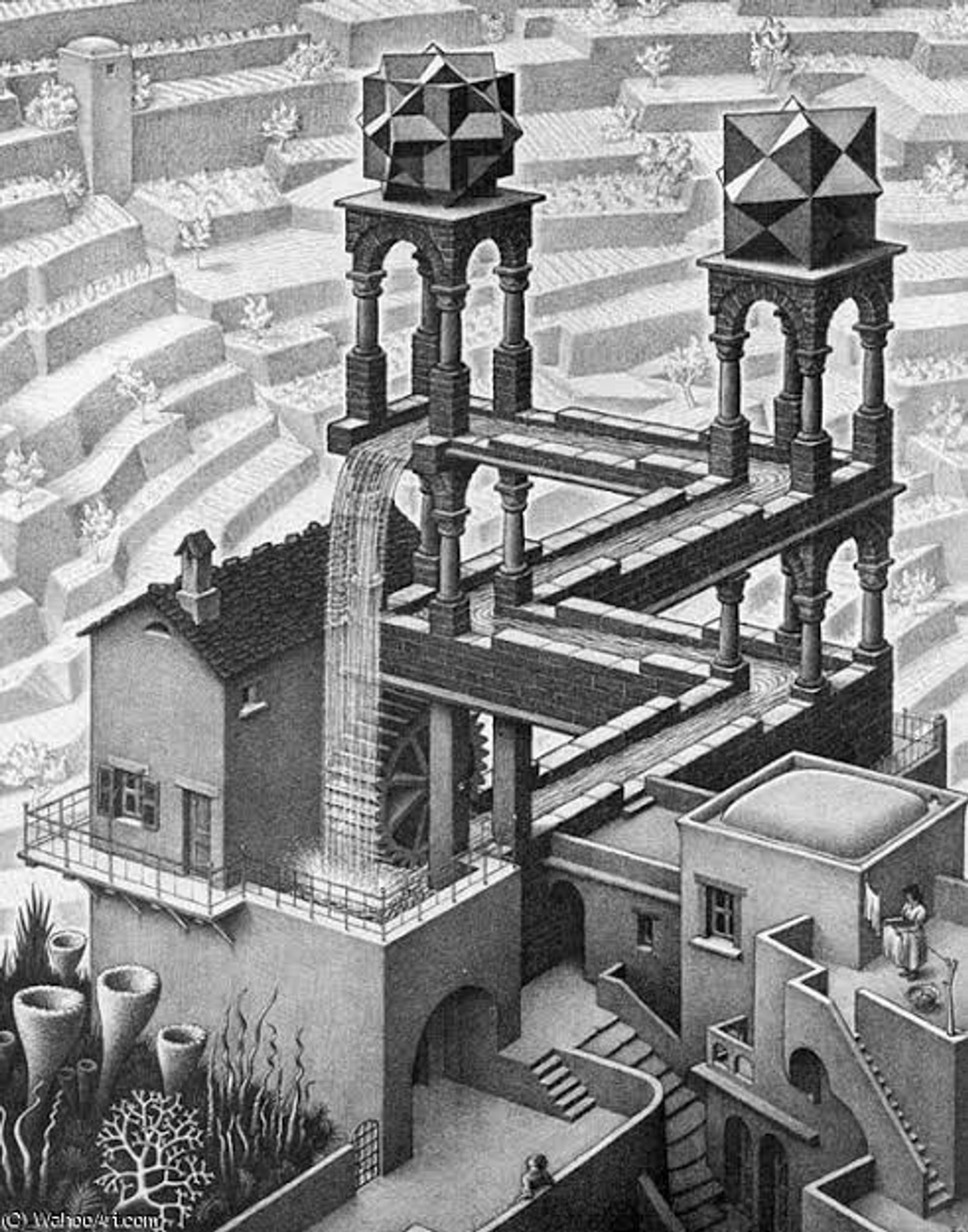 Obra "Waterfall" de Escher mostra uma cachoeira "infinita" fechando um círcuito de um aqueduto que gera uma ilusão de óptica.