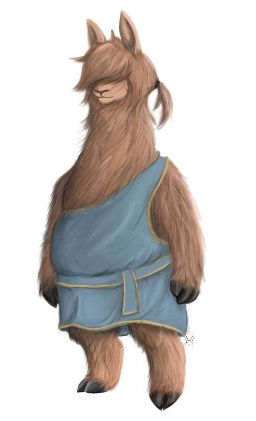 An anthropomorphic alpaca wearing a blue toga type garment