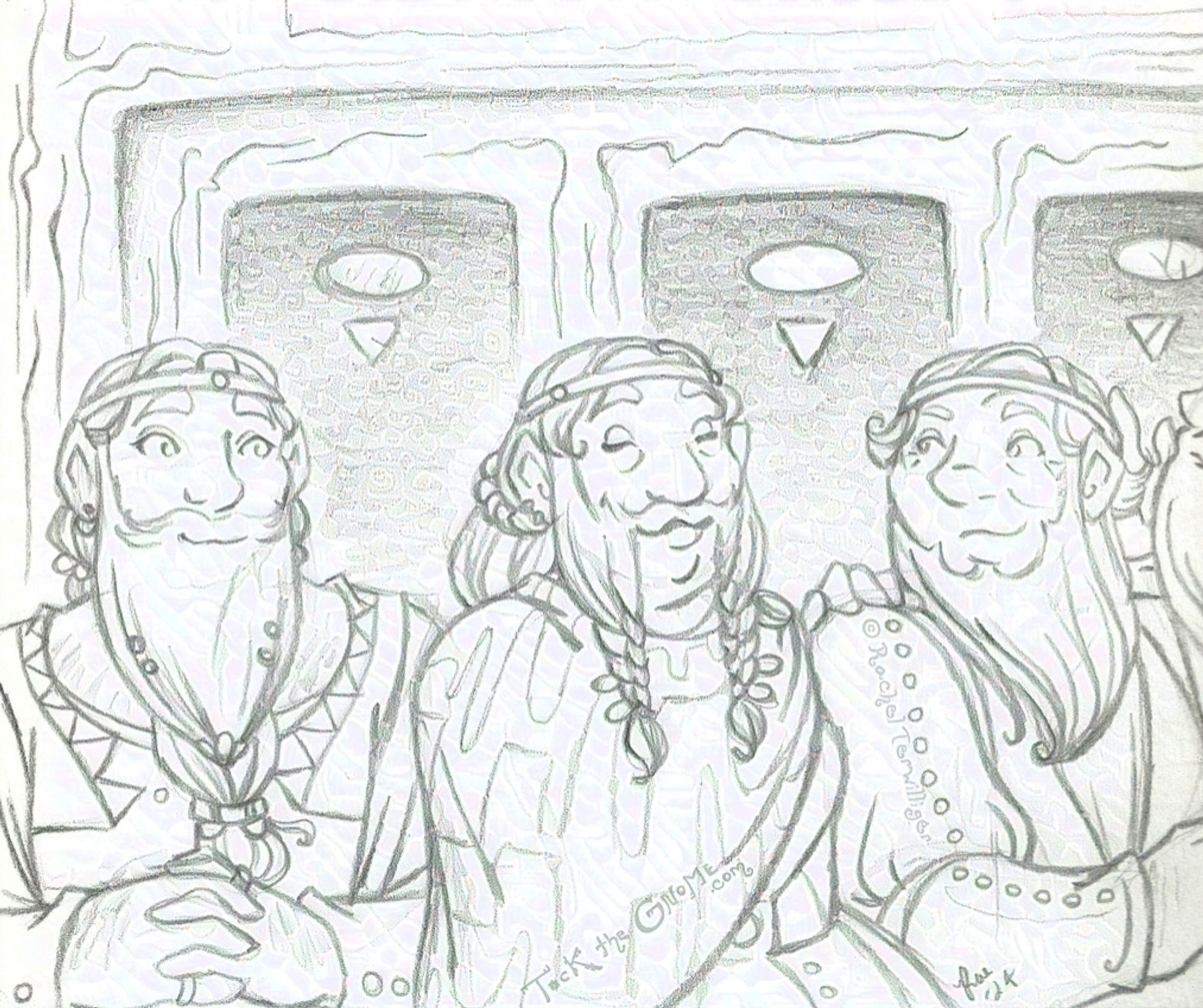 A pencil drawing of four fantasy dwarves, standing in a row and drawn from the waist-ish up, all of varying gender presentations with a feminine tilt and all plump-to-plus-size. The one on the left, their demeanor a bit more composed and regal than the others, looks at the rest of them fondly as they all smile together, some expressions with closed-eyed contentment, some’s happiness a bit more snarky. The fourth Dwarf is barely visible, cut off by the edge of the page as they whisper into the third’s ear. Behind them, three panels or doors frame the space between the characters, shaded in as if cut into rough stone.