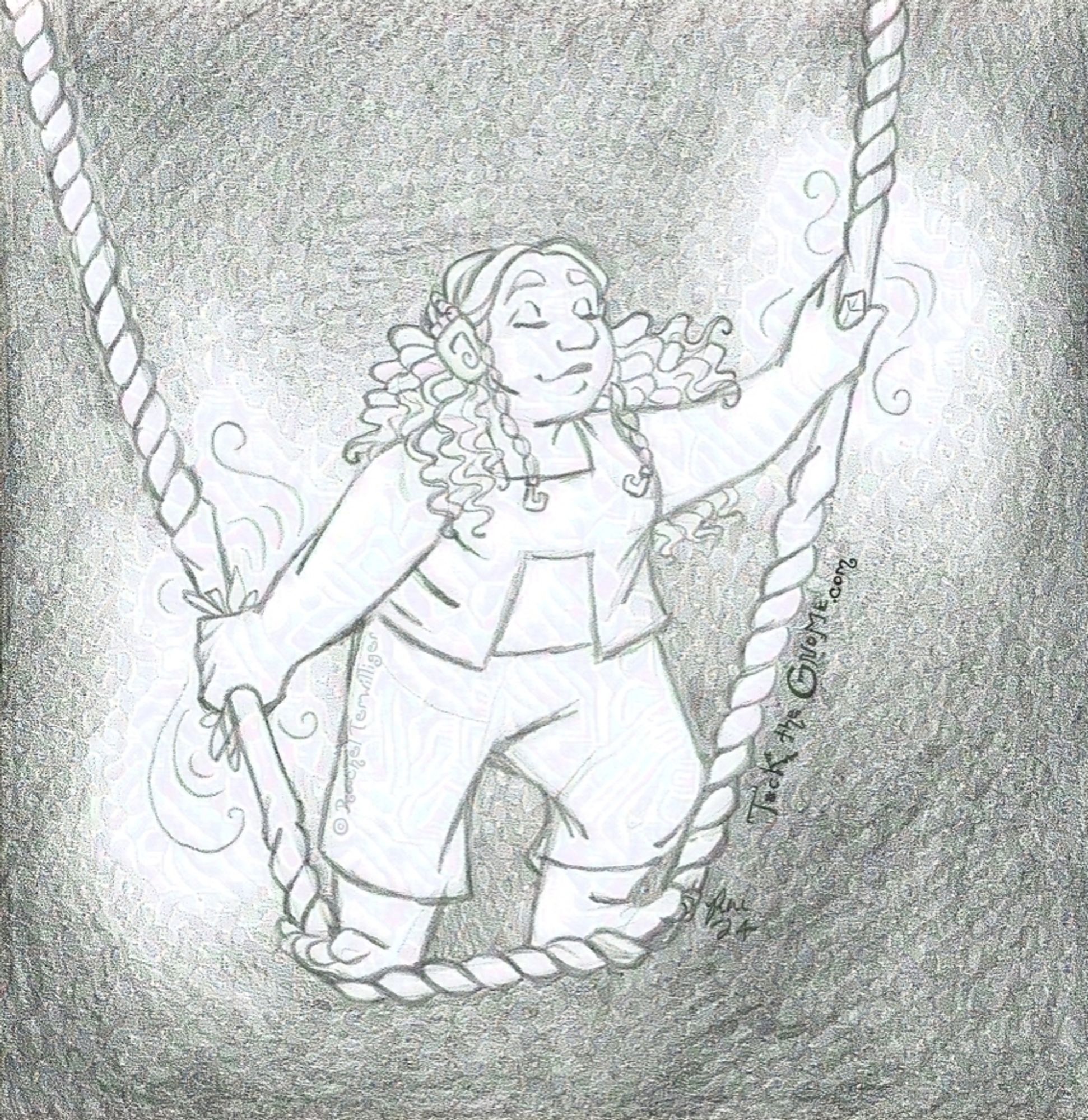 A pencil drawing of a beardless, vaguely feminine-presenting fantasy dwarf standing on a thick rope positioned as if it’s a cloud swing. They appear completely at ease, smiling, eyes closed, their arms spread diagonally – one hold a crystal against the rope, one holding some small leaves – as light and lines of spiraling energy emanate from both their hands’ grip.