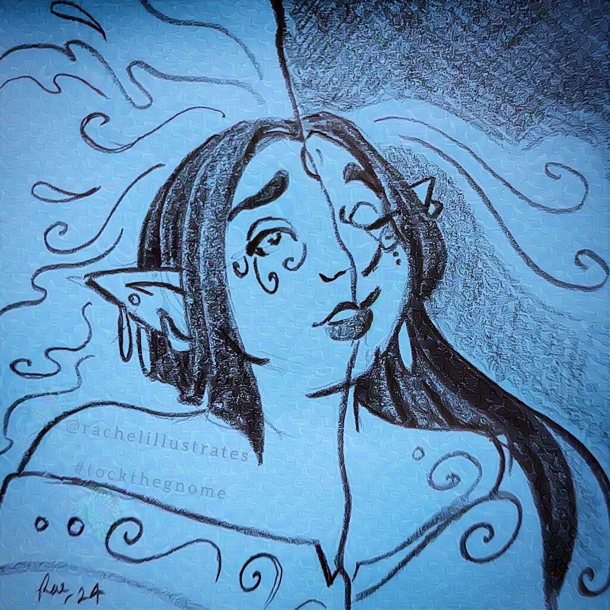 A pencil drawing on blue paper of a plump, feminine-presenting elf drawn from the shoulders up, the page divided down the middle in a wavy line. On the left, what we see of the elf is short-haired and has a stone in her forehead, her expression troubled/resigned as lines of energy flow out in water-like patterns from around her head. On the right, the stone is gone – replaced by a scar – and she has long hair, her eyes closed in a more contented expression.