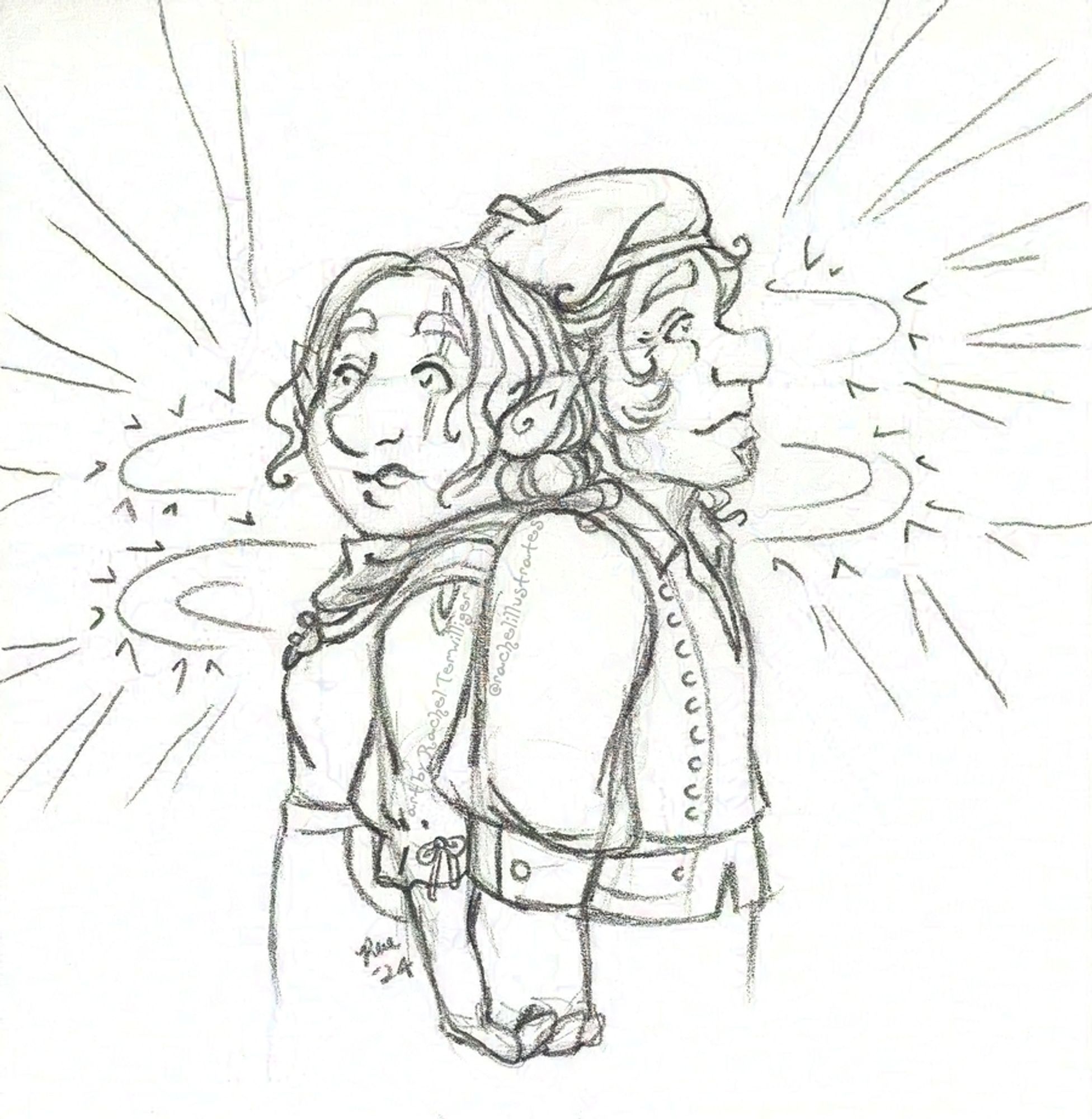 A pencil drawing of Pike Trickfoot and Scanlan Shorthalt from “Critical Role” standing back to back with their hands joined, looking in turns perplexed and peaceful as lines of spiky energy surround them. Pike is in more fantasy-styled clothes instead of her full plate mail.