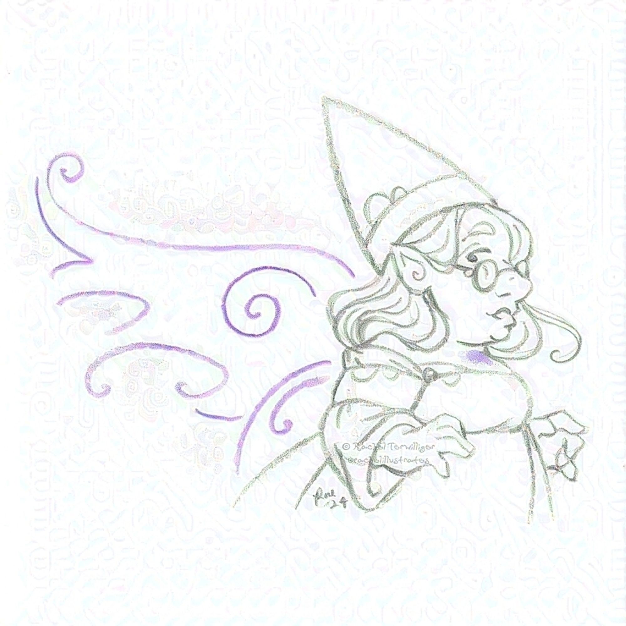 A pencil drawing of a plus-size, feminine-presenting gnome drawn from the hips up, facing the right of the image in profile. She glances behind her as large fairy wings begin to manifest over her shoulders, those drawn in purple wax pigment.