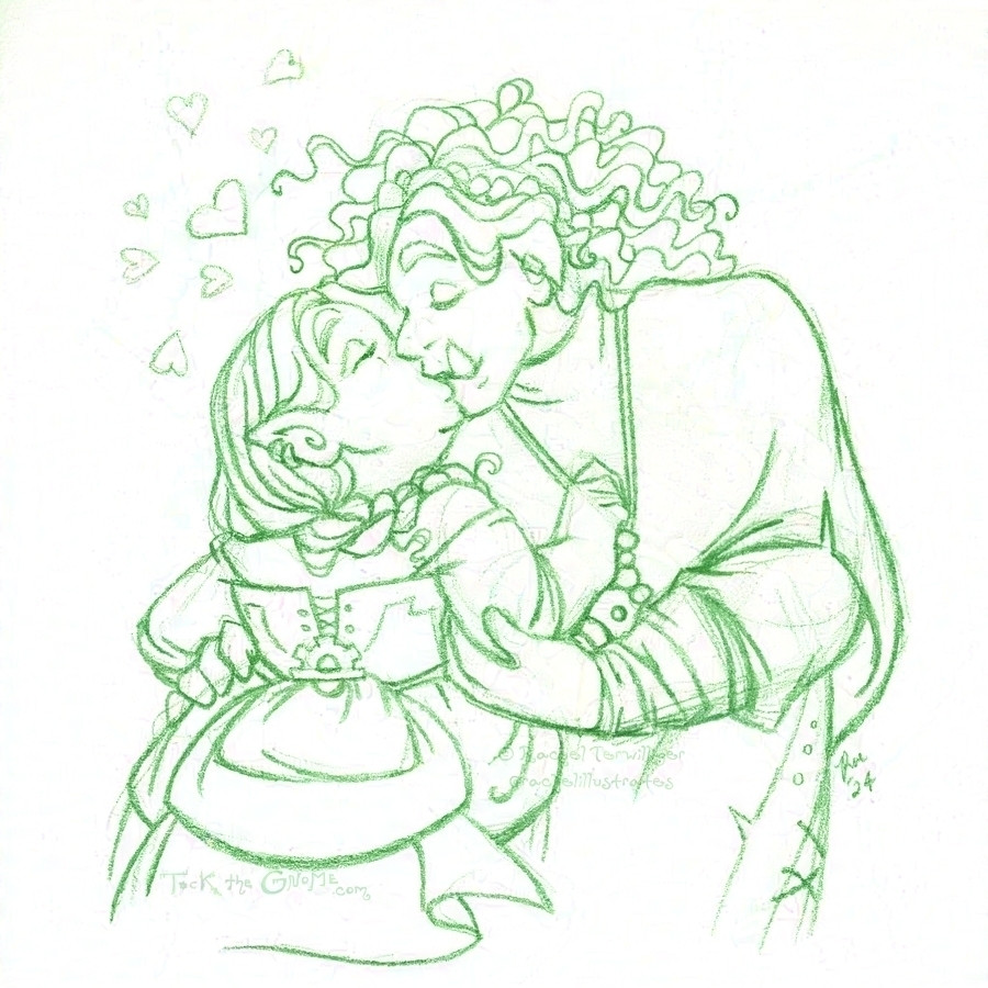 A pencil drawing (digitally tinted a bright green) of a plump, feminine-presenting, steampunk/gaslamp-styled Gnome pulling a broad, vaguely Viking-styled, feminine-presenting Orc down into a passionate kiss by the cord of a necklace that would rest over her chest. The Orc smiles into the kiss, hands raised to hold the Gnome in place, too – one on one elbow, the other at her waist. Seven small expressive hearts float up between their heads, to the left of the page.