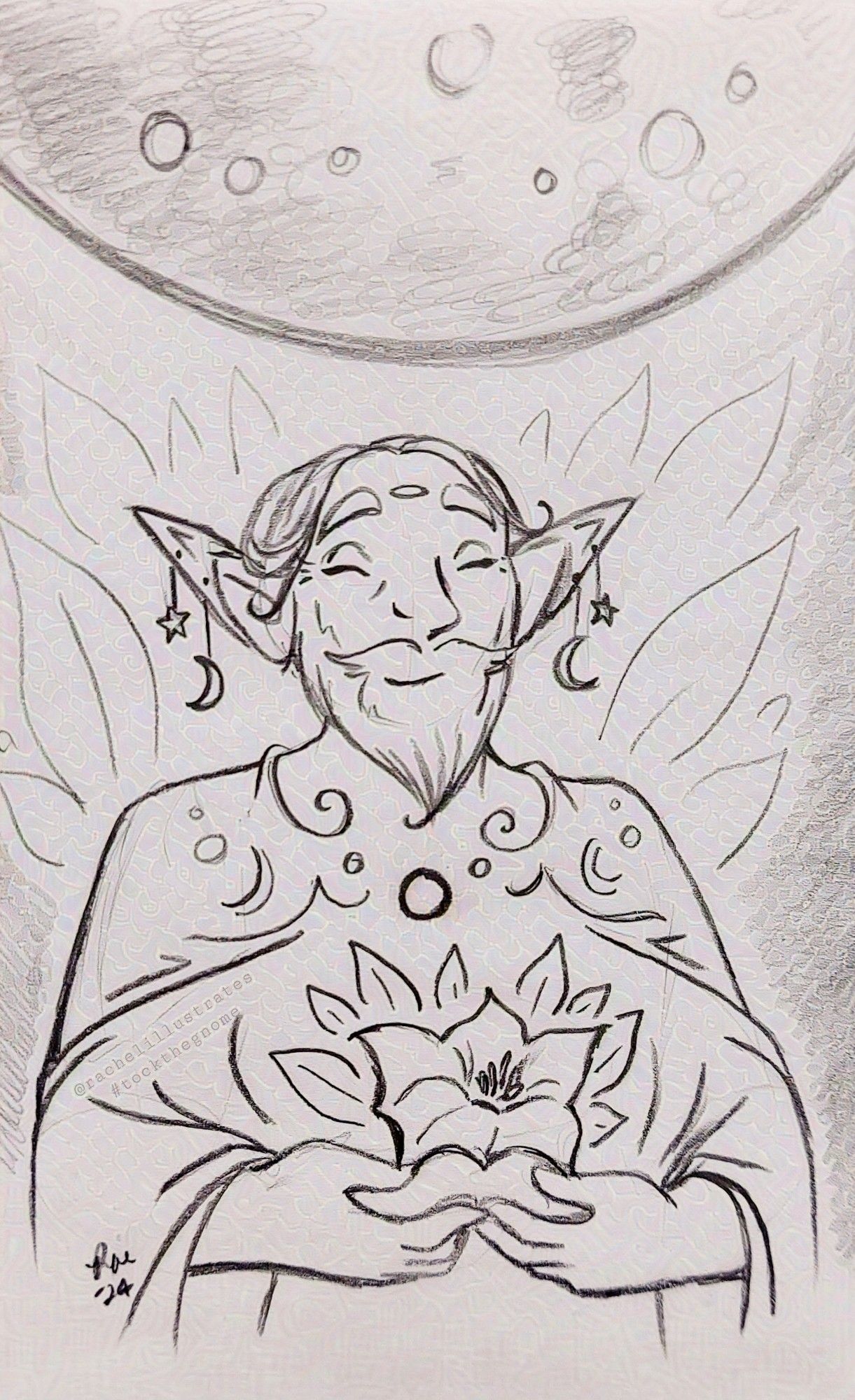 A bearded, masculine-presenting elf drawn from the waist up in high fantasy style, holding a hovering, large datura blossom before his middle. Behind him, part of a very large, full moon can be seen at the top of the image. He smiles with innocent delight, eyes closed.