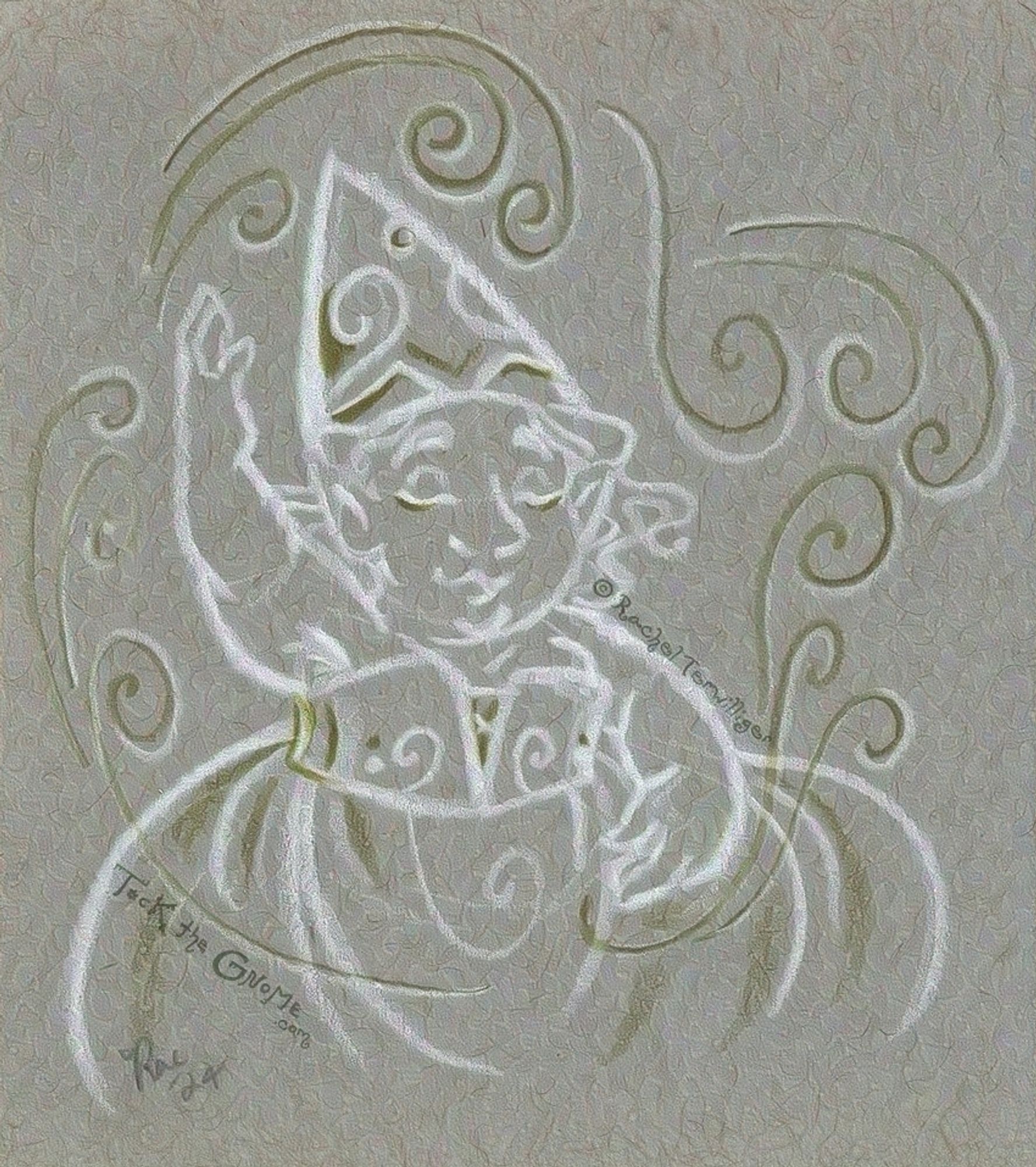 A drawing in white and green wax pigment on grey paper of a feminine-presenting gnome in a full, sleeveless gown, one arm raised above and one arm curved downward against her body in the movement of a spell. Spiraling lines around her, following the motion, indicate the energy of the magic. She smiles serenely, eyes closed.