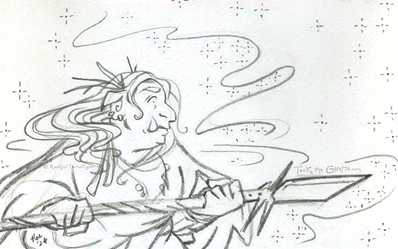 A pencil drawing of a plus-size, feminine-presenting orc in robe-like garb, slightly tattered and decorated with stones and branches, bending forward and brandishing a rugged-looking spear at a mass of shining, sparkling energy that fills the space around her. Her expression is fierce, undaunted.