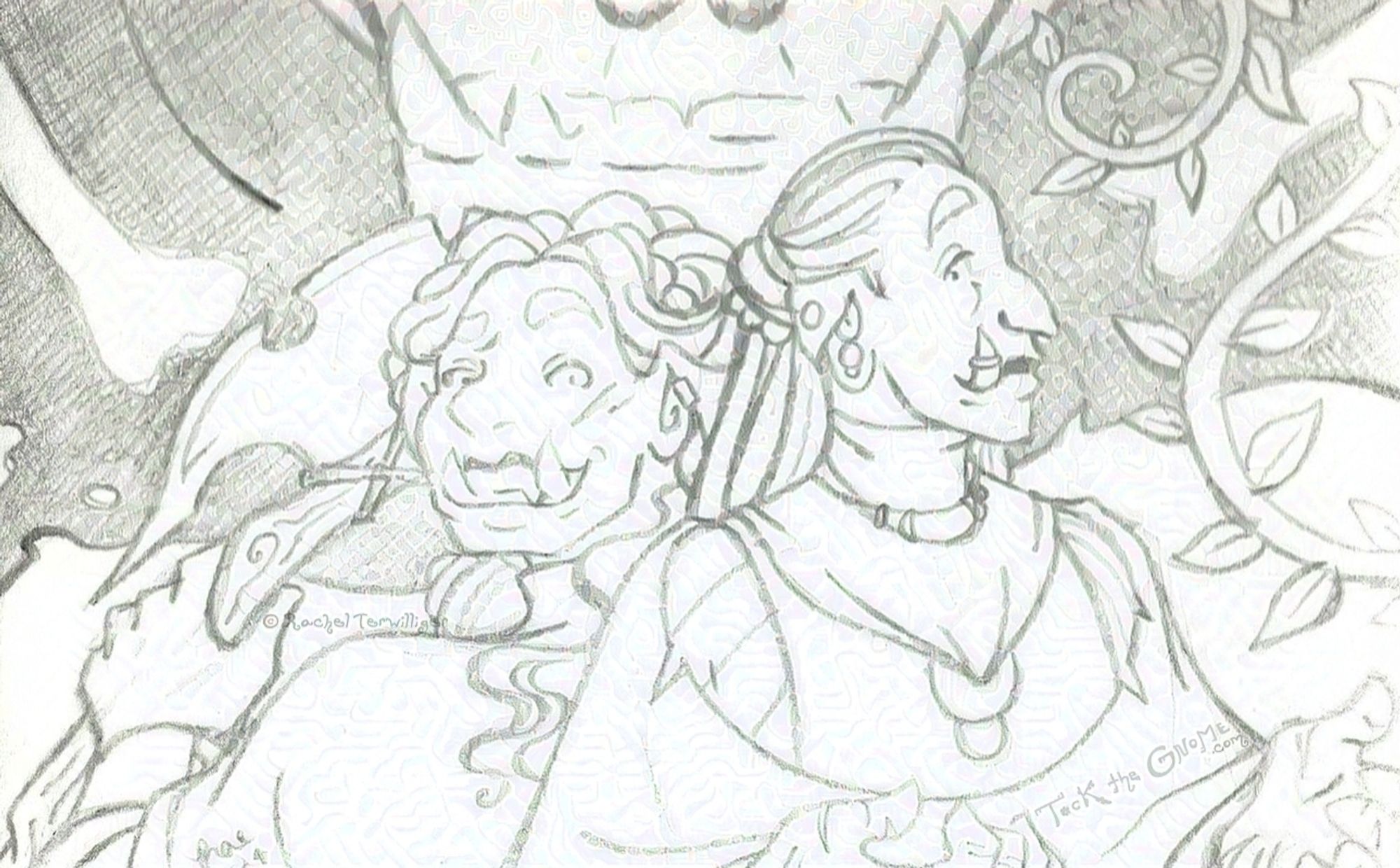 A pencil drawing of two orcs, posed back to back and shown from the midsection up, one feminine-presenting and grinning widely while holding an axe, the other more androgynous and holding their hands raised and bent, as if controlling some large vines that curl in at the right edge of the page. They smile back at their companion calmly, eyebrows raised as if slightly impressed. Behind them both, part of a pirate flag can be seen, the bottom of the skull portion bearing orcish tusks.