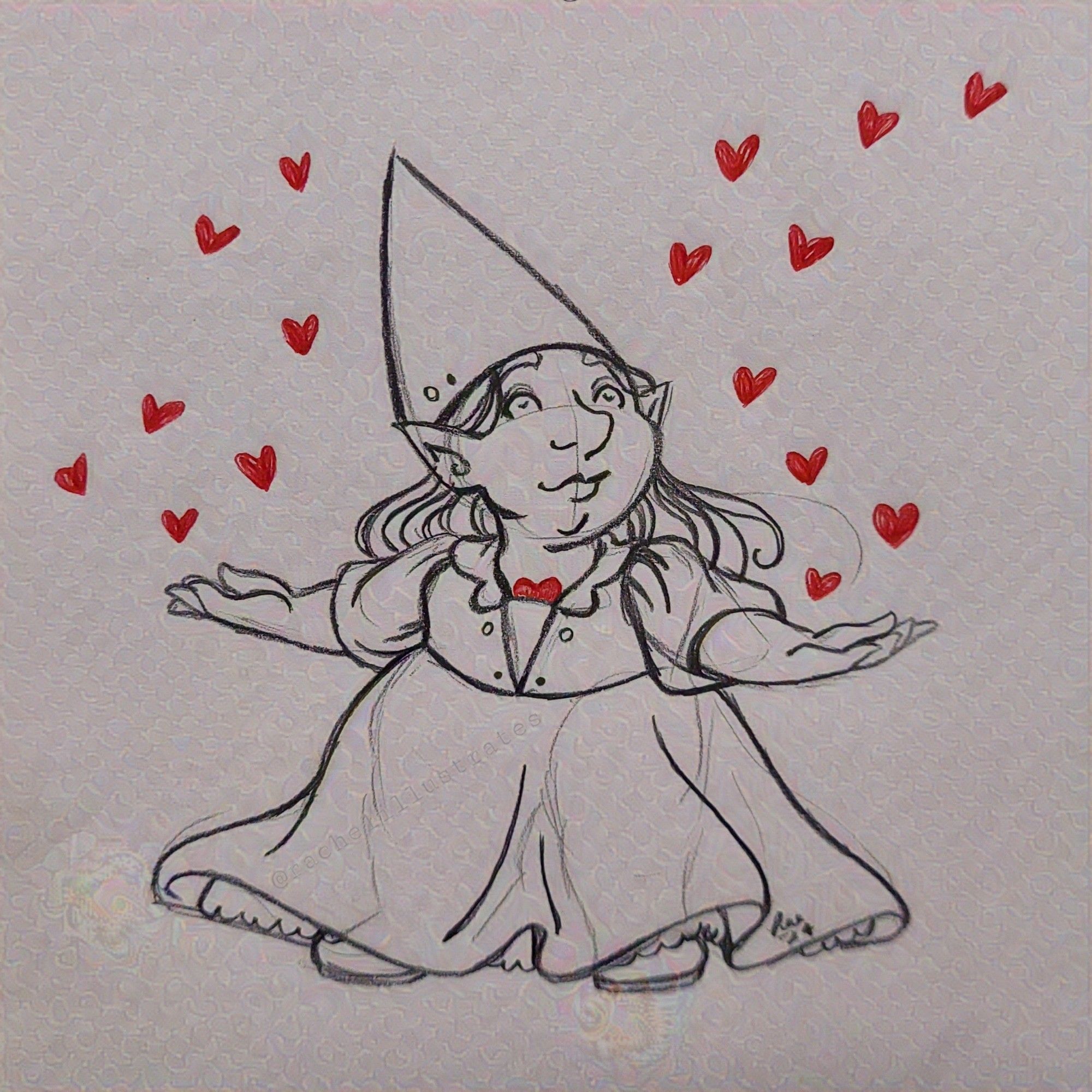 A pencil drawing on greyish paper of a feminine-presenting, plus size gnome standing with her arms raised, several small red hearts floating up and around her, echoing one other that’s tucked into the front of her bodice (where her own would be). She smiles calmly up at them, with quiet, hopeful confidence.