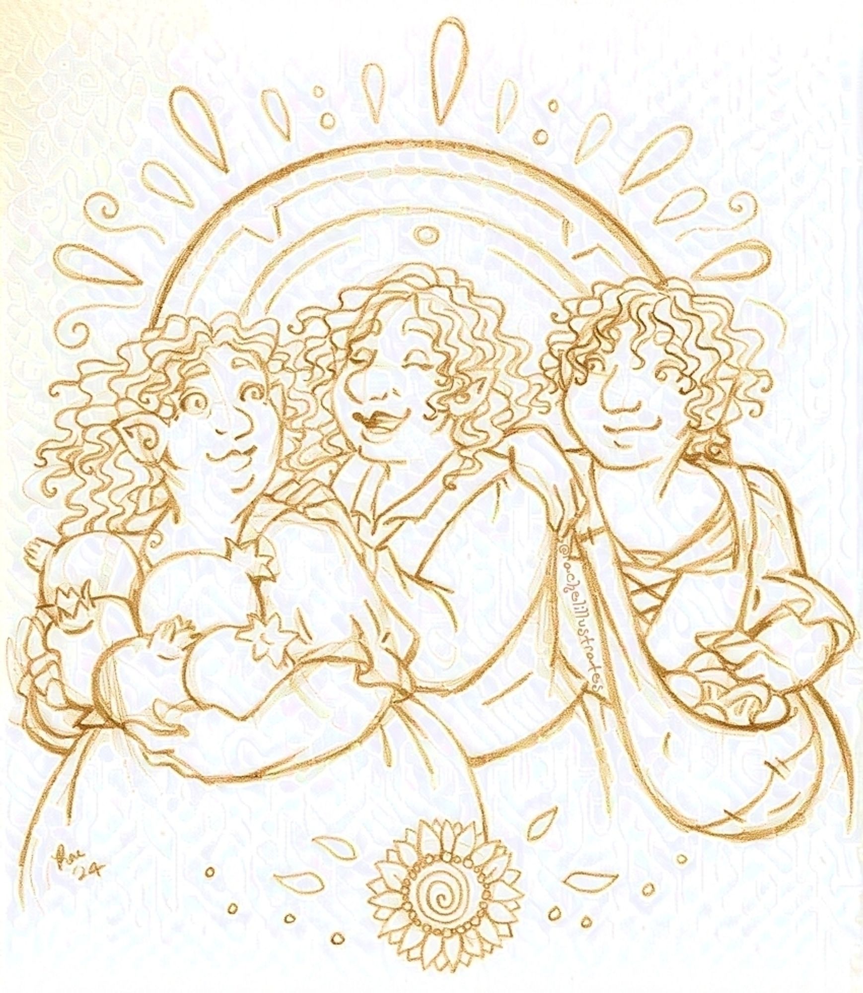 A pencil drawing, digitally tinted orange, of three feminine-presenting hobbits drawn from the hips up, standing back to back with their hands on each others’ shoulders. One holds several pomegranates, as well, while another has a satchel of mushrooms. A hobbit-hole-window-like circle rises behind them, with shapes like petals embellishing it above in an arch, while a single sunflower with several loose petals accents the image at the bottom. All three characters look joyful and at ease with each other, content in life and companionship.