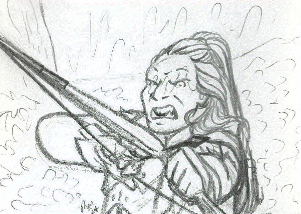 A pencil drawing of a masculine-presenting orc (Lurtz from “Lord of the Rings”) drawn from the chest up pointing a bow and arrow at the viewer, and growling ferociously. The background is sketched in lightly to suggest trees and foliage behind him.