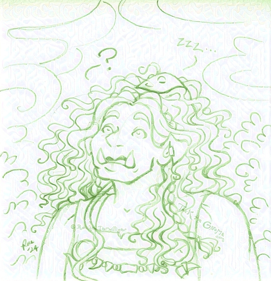 A pencil drawing, digitally tinted green, of a feminine-presenting orc drawn from the chest up, leaning forward slightly and looking confused as a snake-like creature rests (and snores) on top of her mass of hair. The background is filled in with lighter suggestions of shrubbery and round trees.