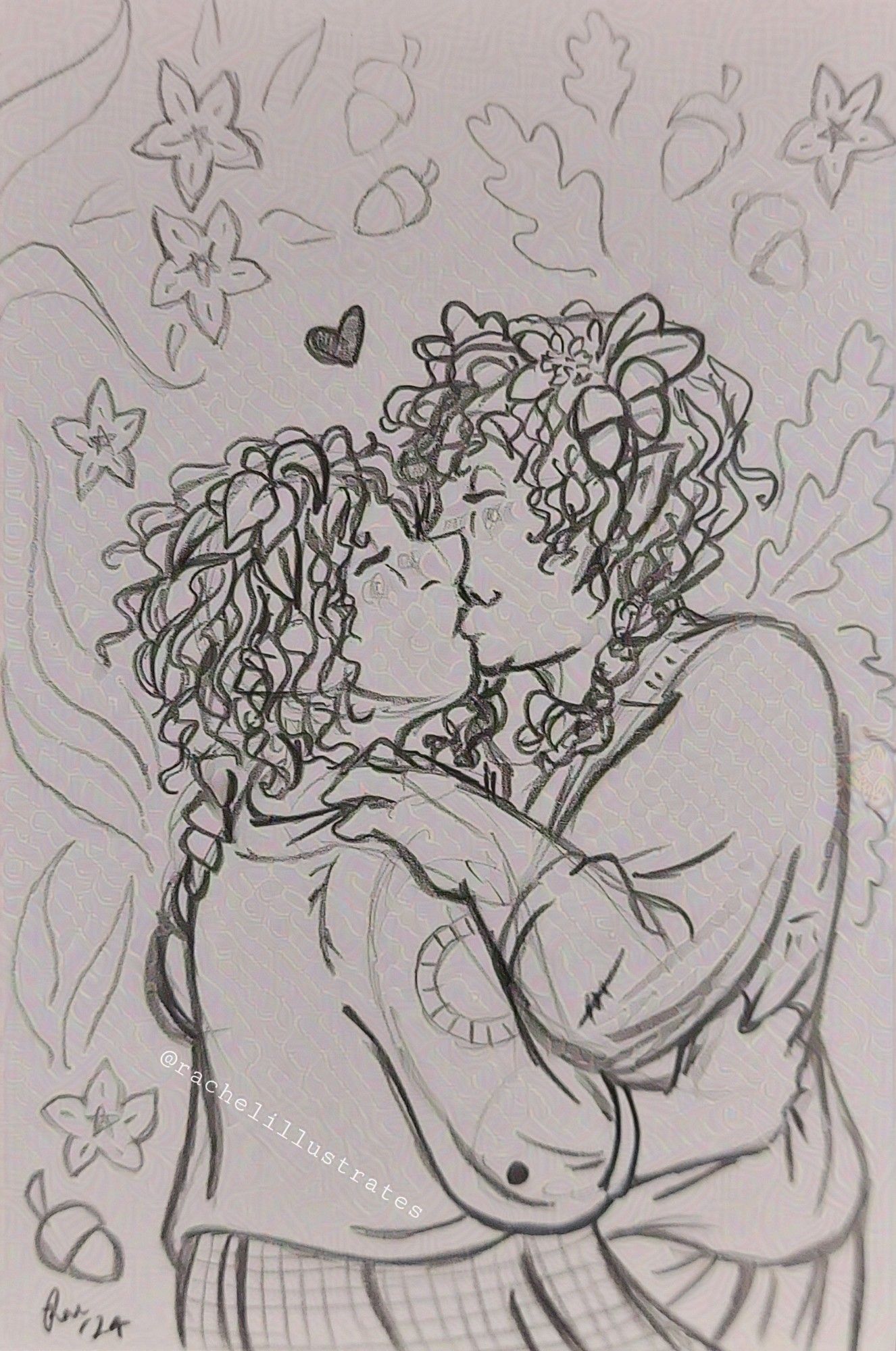 A pencil drawing on greyish paper of Nori and Poppy, two feminine-presenting Harfoots/Hobbits from “The Rings of Power,” kissing sweetly. The background is filled with lightly penciled-in acorns, leaves, and five-petaled flowers.