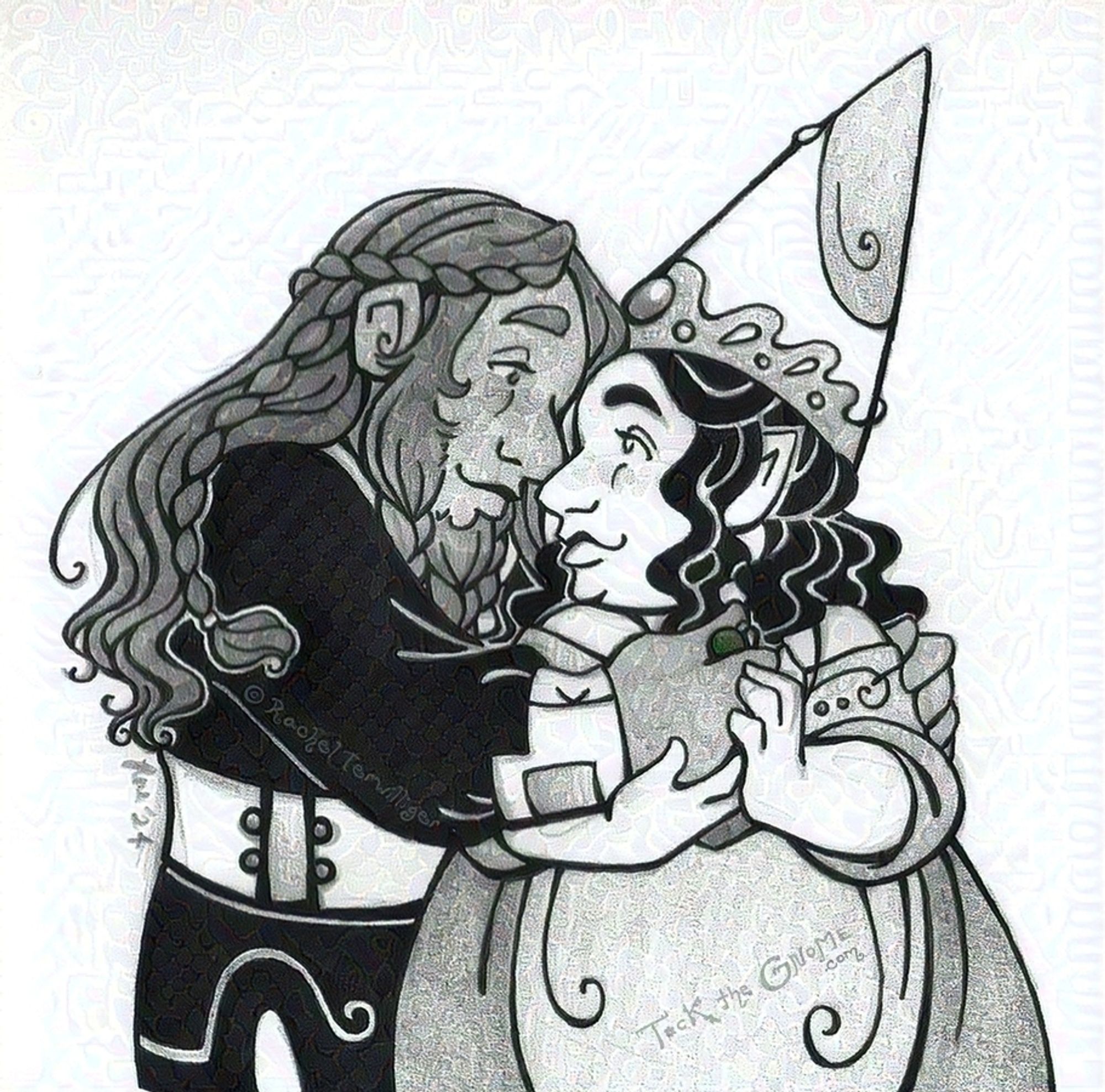 An ink and graphite drawing of a feminine-presenting, bearded dwarf and a feminine-presenting gnome, both plump and in the fairy tale manner of “Snow White and the Seven Dwarves/Snow White and Rose Red,” being specifically the “prince” character Bear and Snow White herself. Bear leans in to embrace Snow, their faces turned so that their foreheads touch and noses bump. Both smile, eyes meeting, full of affection. In the embrace, Bear holds up a pendant that Snow is wearing around her neck – it is small, and round, and colored in dark greens that compliment the grey and black ink tones of the piece.