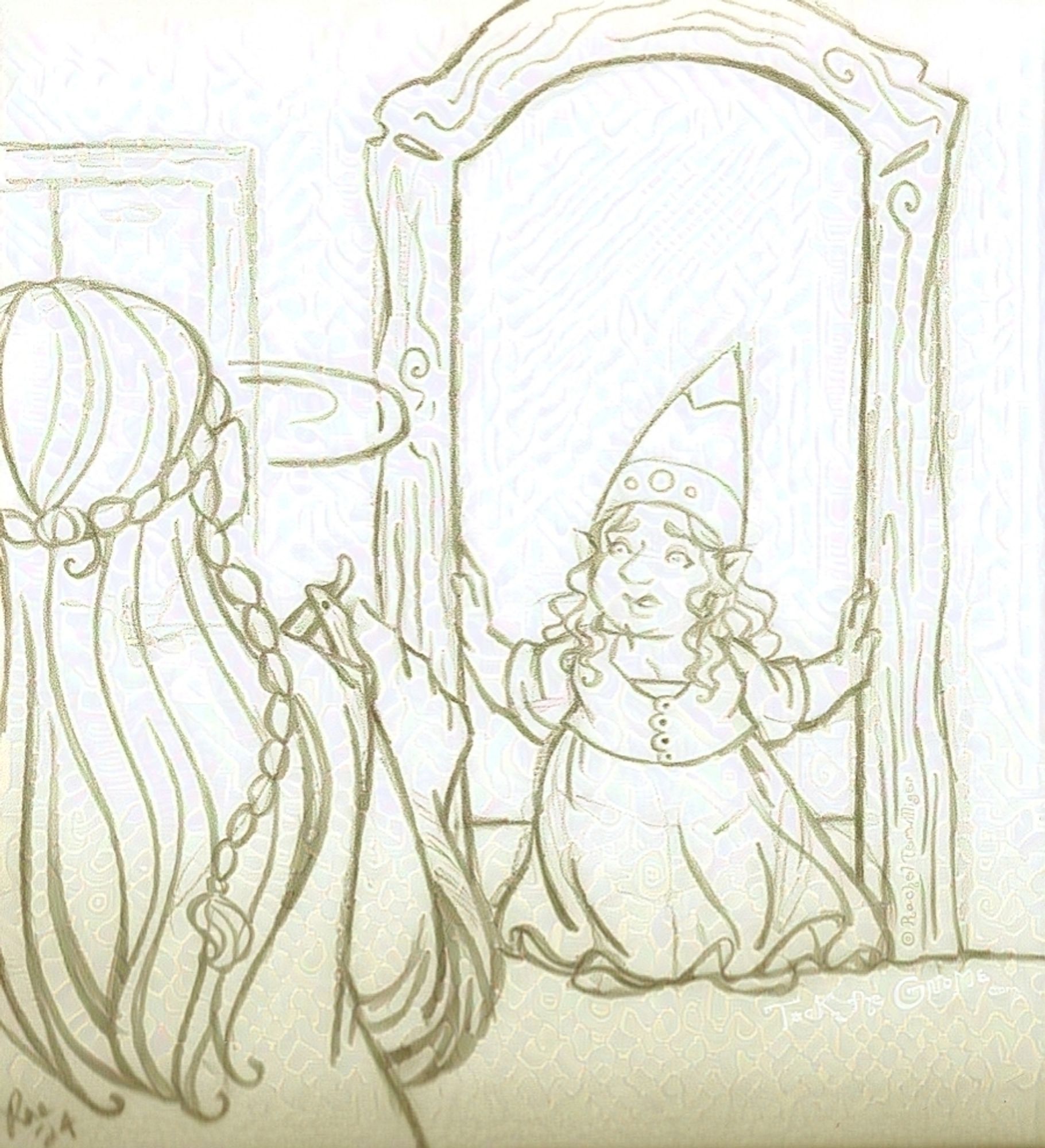 A pencil drawing of a plump, feminine-presenting gnome standing in a doorframe that’s too tall for her, looking in concern – arms braced against the doorframe – at another figure with their back to the viewer, their hair long and partially braided and their arm raised, a vintage straight razor just visible in their hand (blocked mostly by their shoulder). Curved lines indicate this figure is turning to look in surprise at the Gnome, and other, less defined lines suggest the floor in the hallway beyond the door as well as a cabinet on the wall near it.