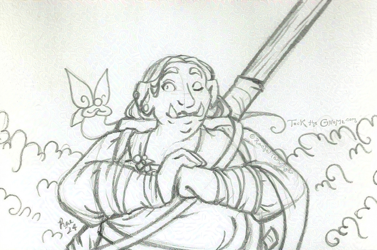 A pencil drawing of a vaguely feminine-presenting orc, dressed slightly Viking-style but also with some fantasy Monk vibes (including a very large staff-like object across her back), drawn from the middle up with their arms raised in a mid-punch-like prayer gesture. One eye closed, they open the other to look and smile at a small sprite-like faerie that perches on their right shoulder, mimicking their pose.