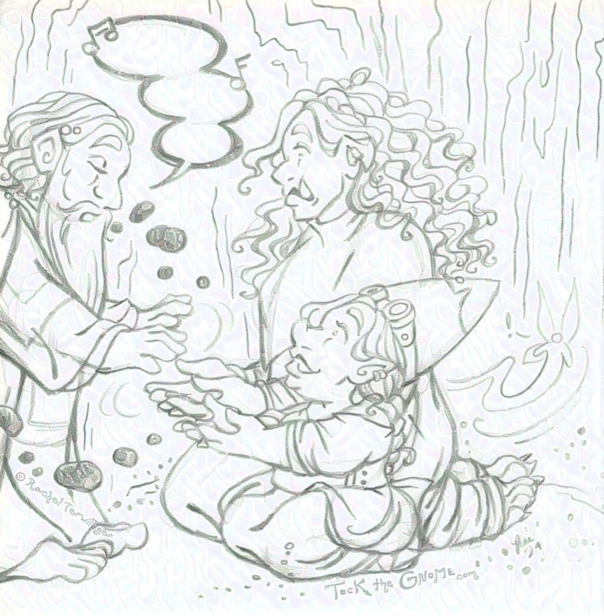 A pencil drawing of a feminine-presenting Orc and a feminine-presenting Gnome (Onna Kin-breaker and Tock Corrigan from fantasy / fairy comic “Tock the Gnome”), kneeling in a cave while a masculine-presenting fantasy Dwarf dressed in priestly robes leans over their outstretched hands, his hovering above theirs, his eyes closed and an empty but music-note embellished speech bubble indicating that he is performing some kind of rite or blessing. Several rocks and pebbles float up around the area of their hands, while smaller dots around the floor of the cave indicate other dust and debris is being pulled up by the magic, too. Tock looks ecstatic, while Onna looks mildly concerned.