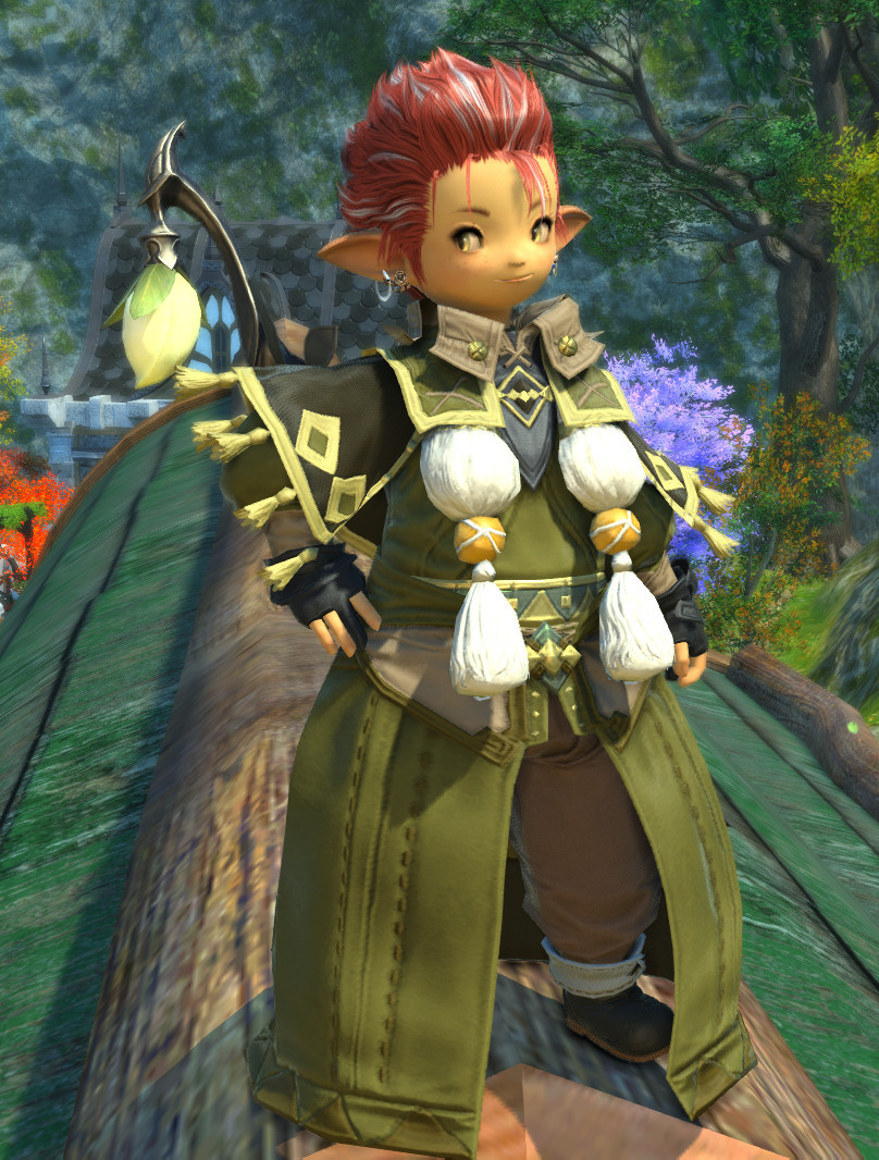 A lalafellin conjurer, standing on the roof of a house.