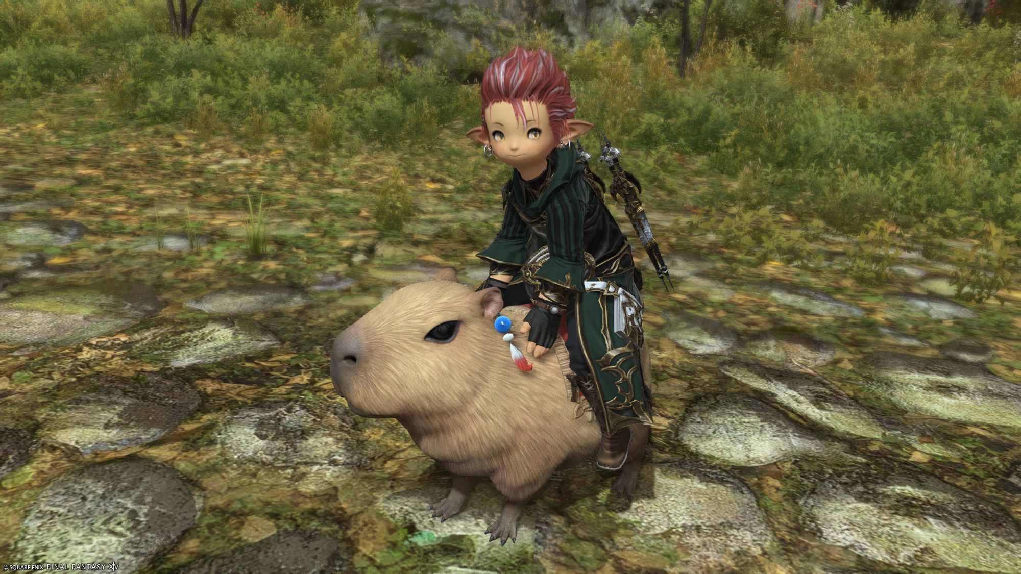 A red-haired lalafell wearing a green robe, riding a capybara.